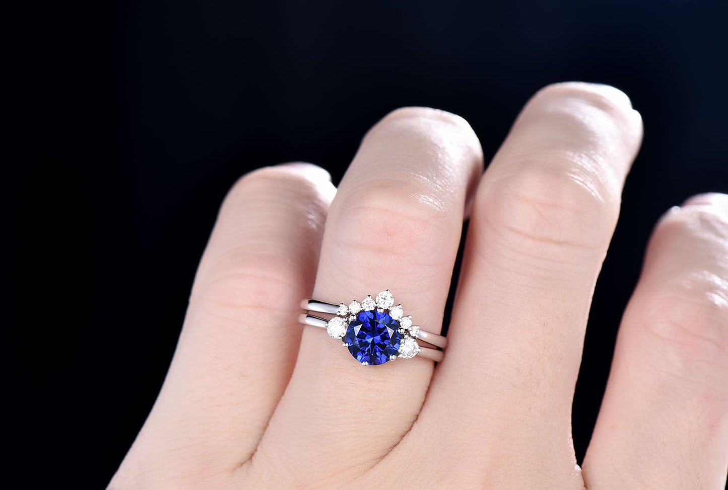 Vintage unique three stone engagement ring 2pcs sapphire engagement ring white gold V crown moissanite ring set birthday wedding bridal gift
