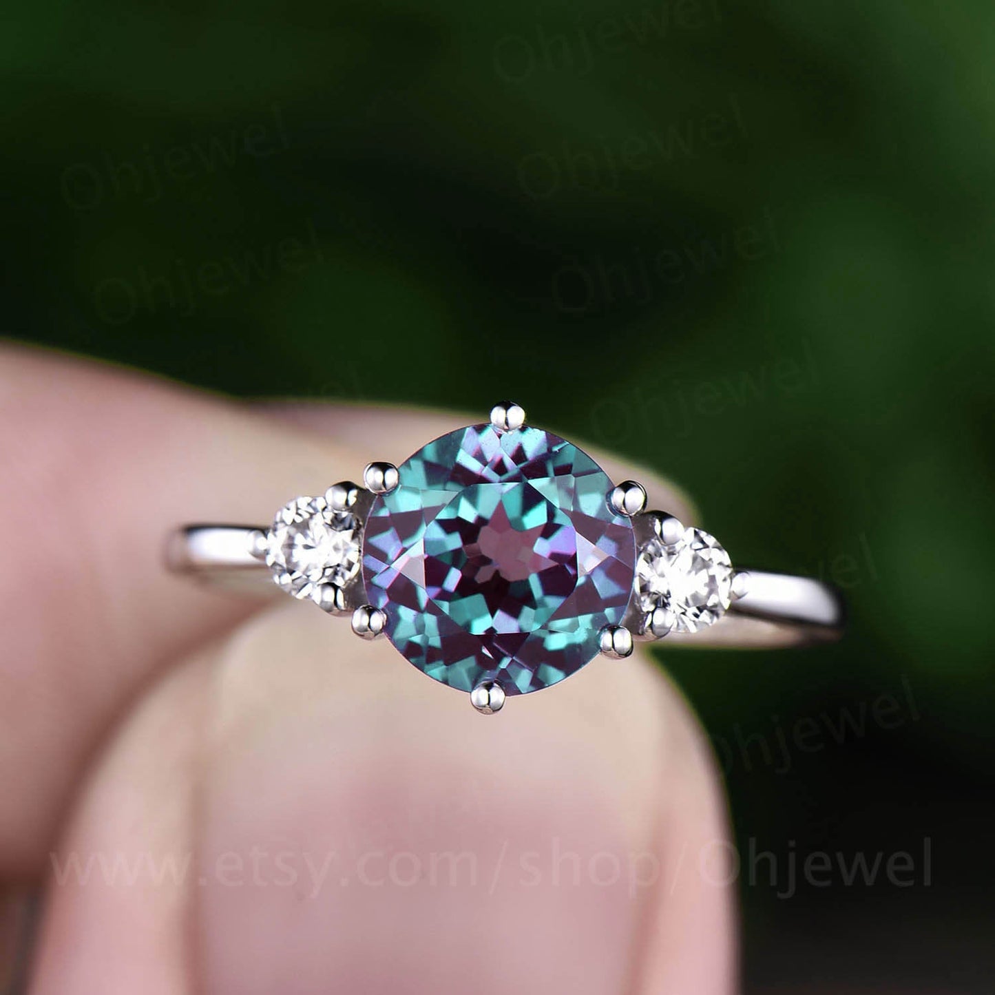 Three stone moissanite ring vintage alexandrite engagement ring white gold ring women June birthstone ring anniversary wedding ring gift