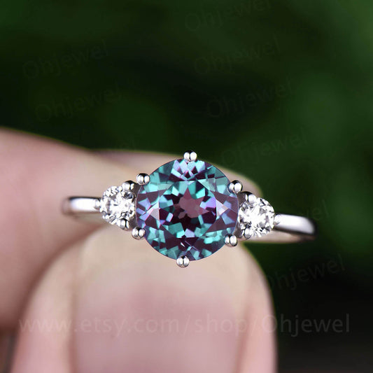 Three stone moissanite ring vintage alexandrite engagement ring white gold ring women June birthstone ring anniversary wedding ring gift