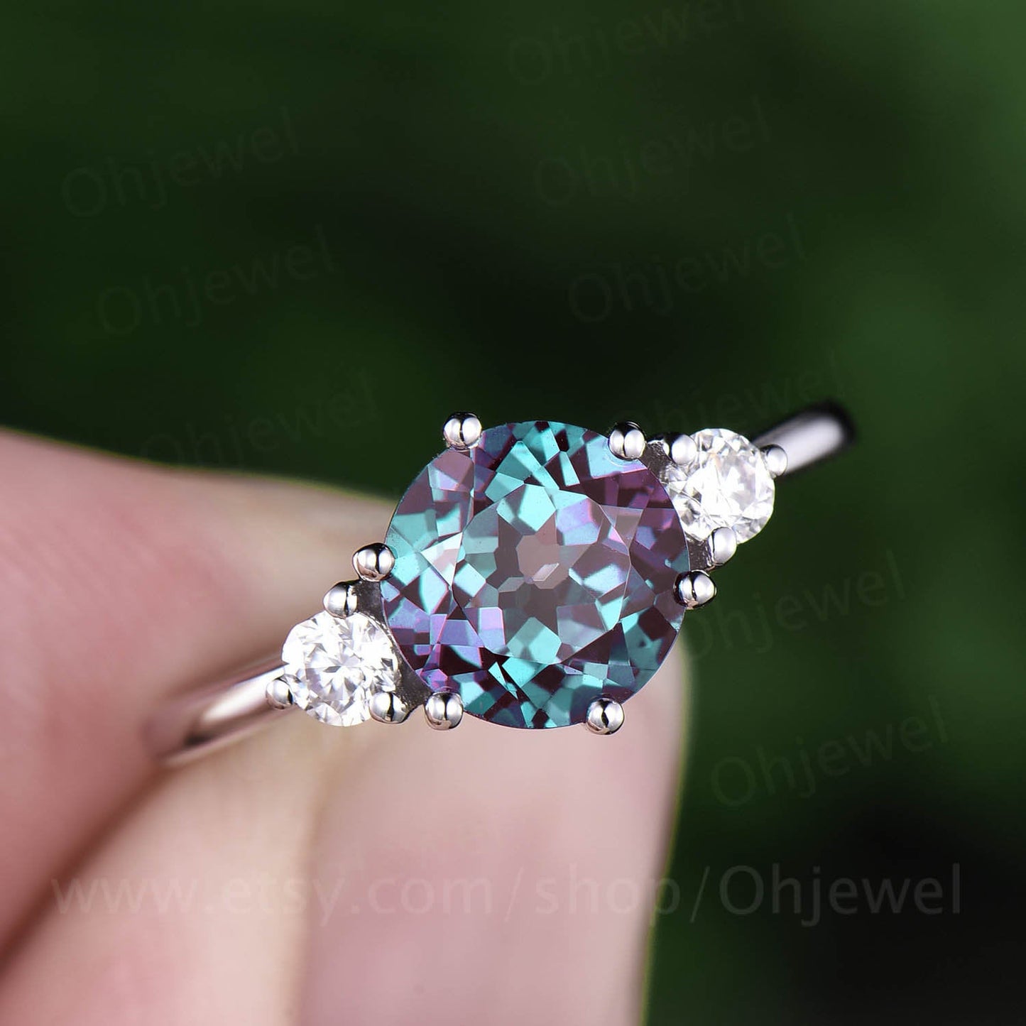 Three stone moissanite ring vintage alexandrite engagement ring white gold ring women June birthstone ring anniversary wedding ring gift
