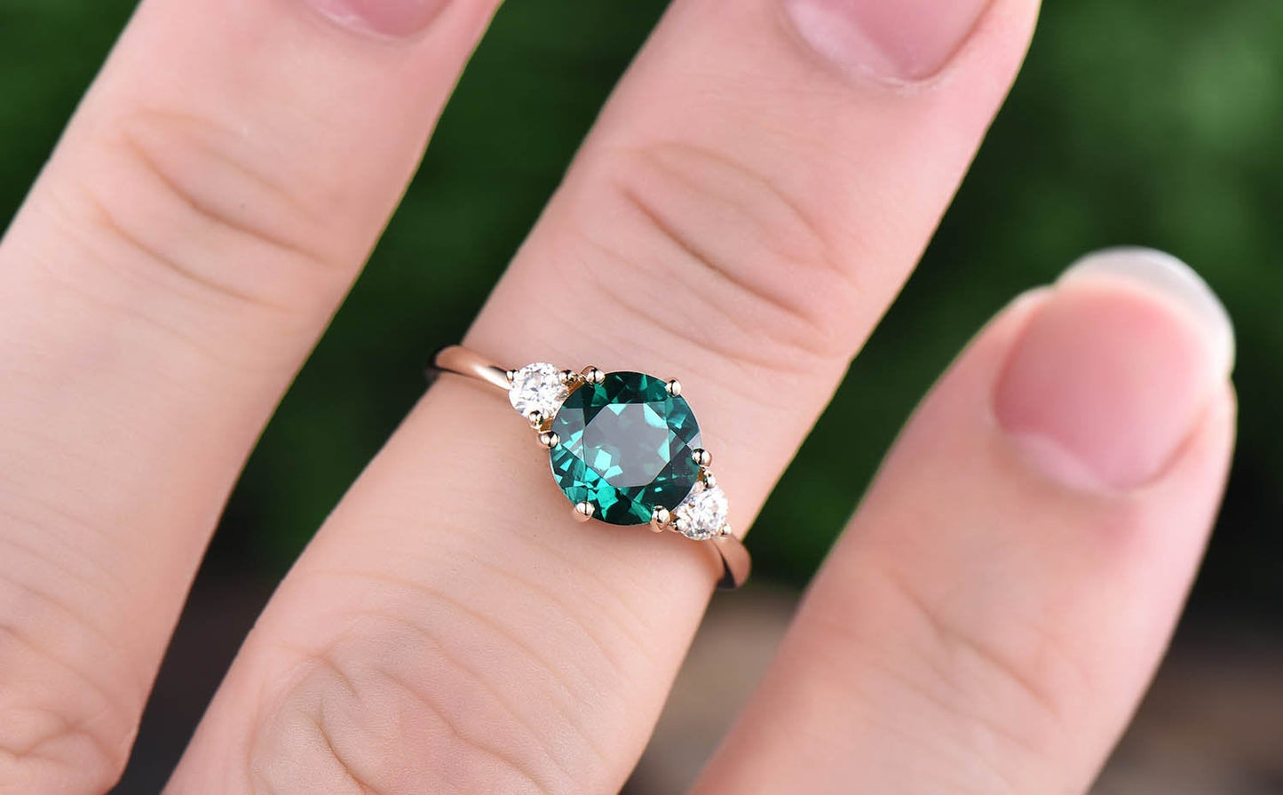 Three stone emerald engagement ring rose gold 14K/18k emerald ring gold vintage May birthstone ring moissanite women wedding bridal ring