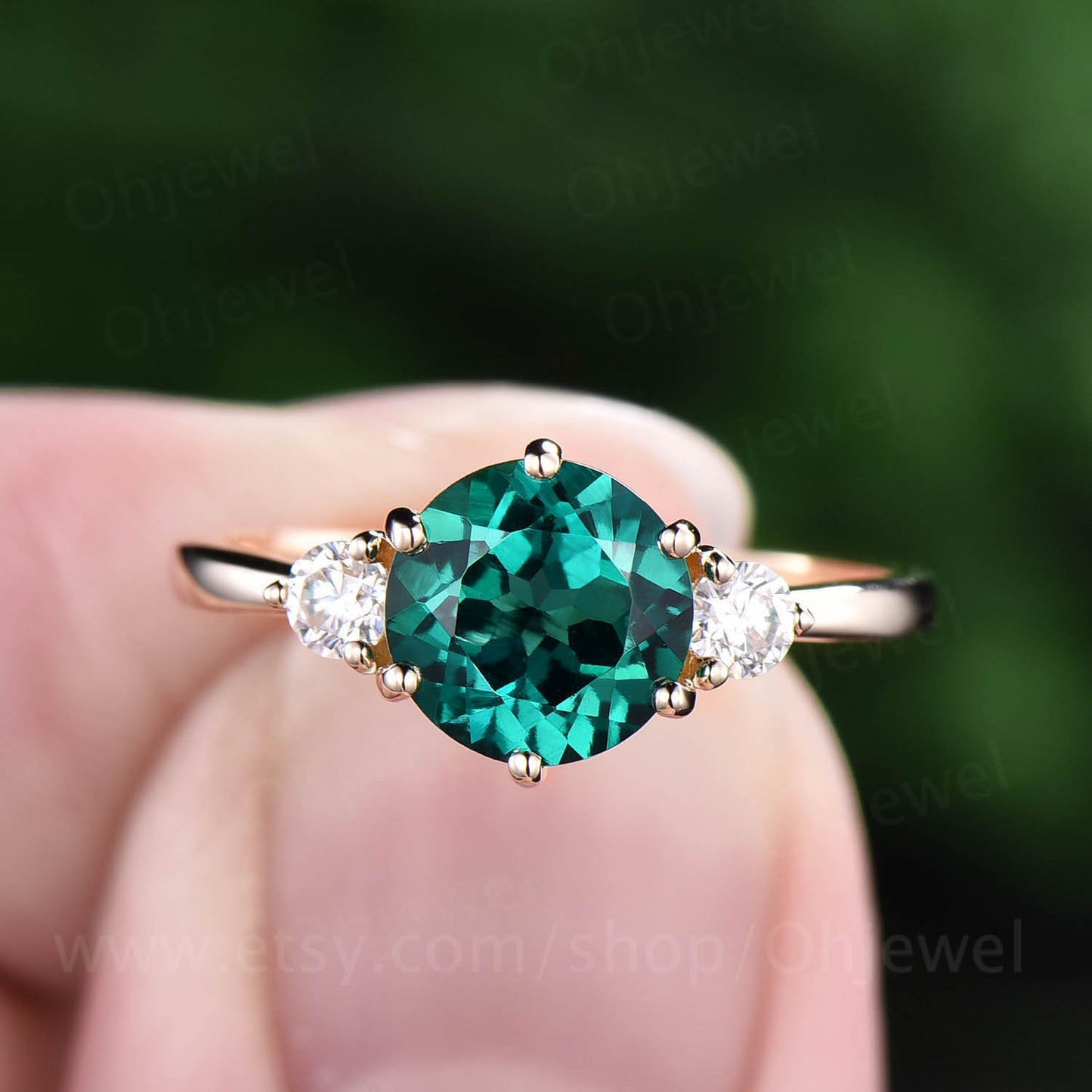 Three stone emerald engagement ring rose gold 14K/18k emerald ring gold vintage May birthstone ring moissanite women wedding bridal ring