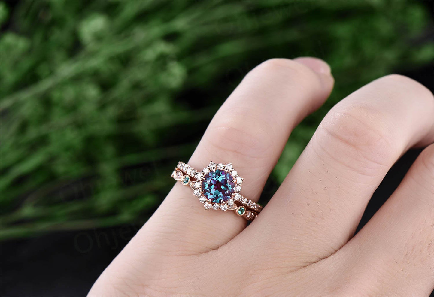 Only 1pc rose gold alexandrite diamond wedding band jewelry matching band