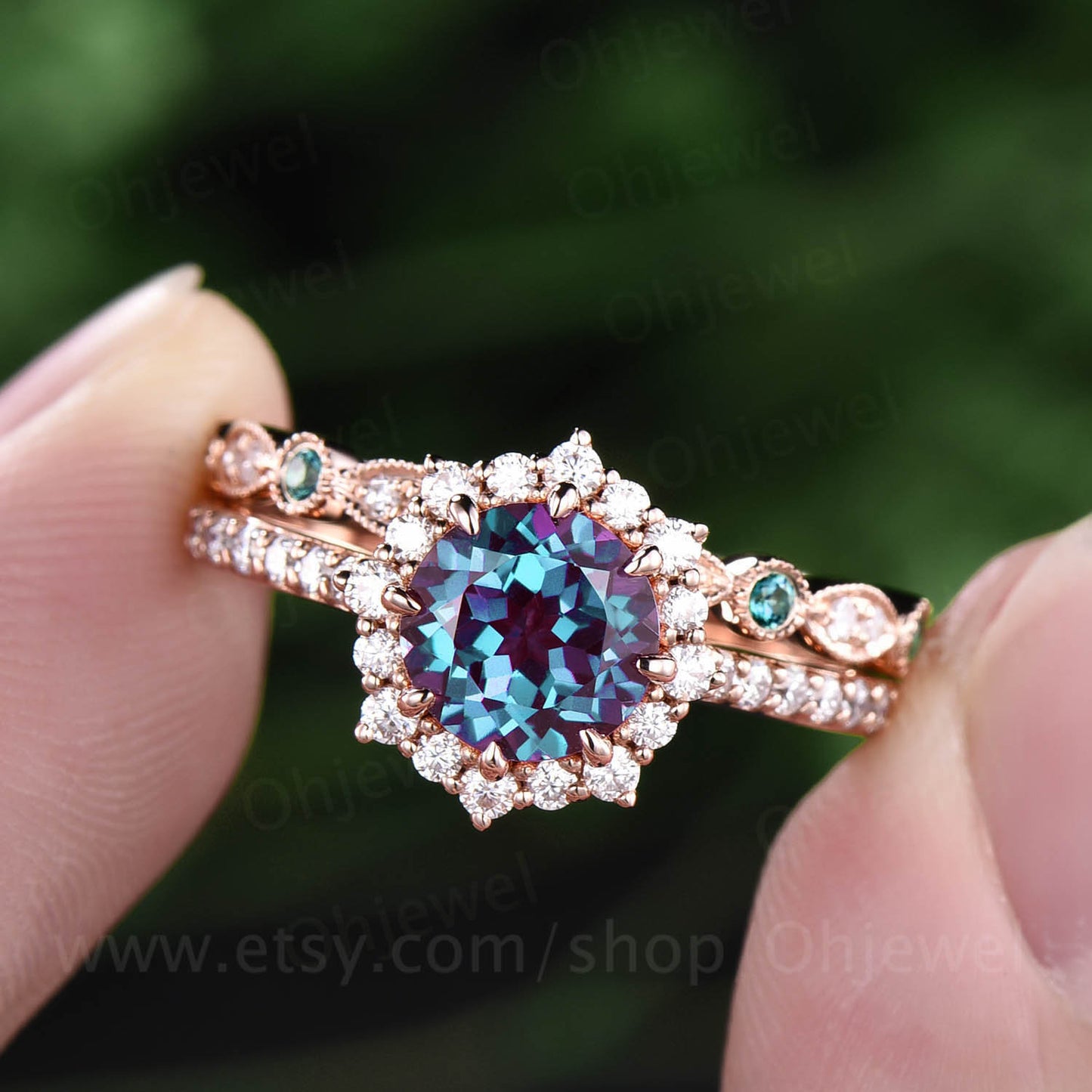 Only 1pc rose gold alexandrite diamond wedding band jewelry matching band