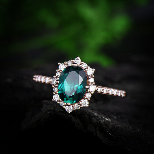 1.3ct emerald ring vintage halo moissanite ring emerald engagement ring solid rose gold anniversary birthday gift for women