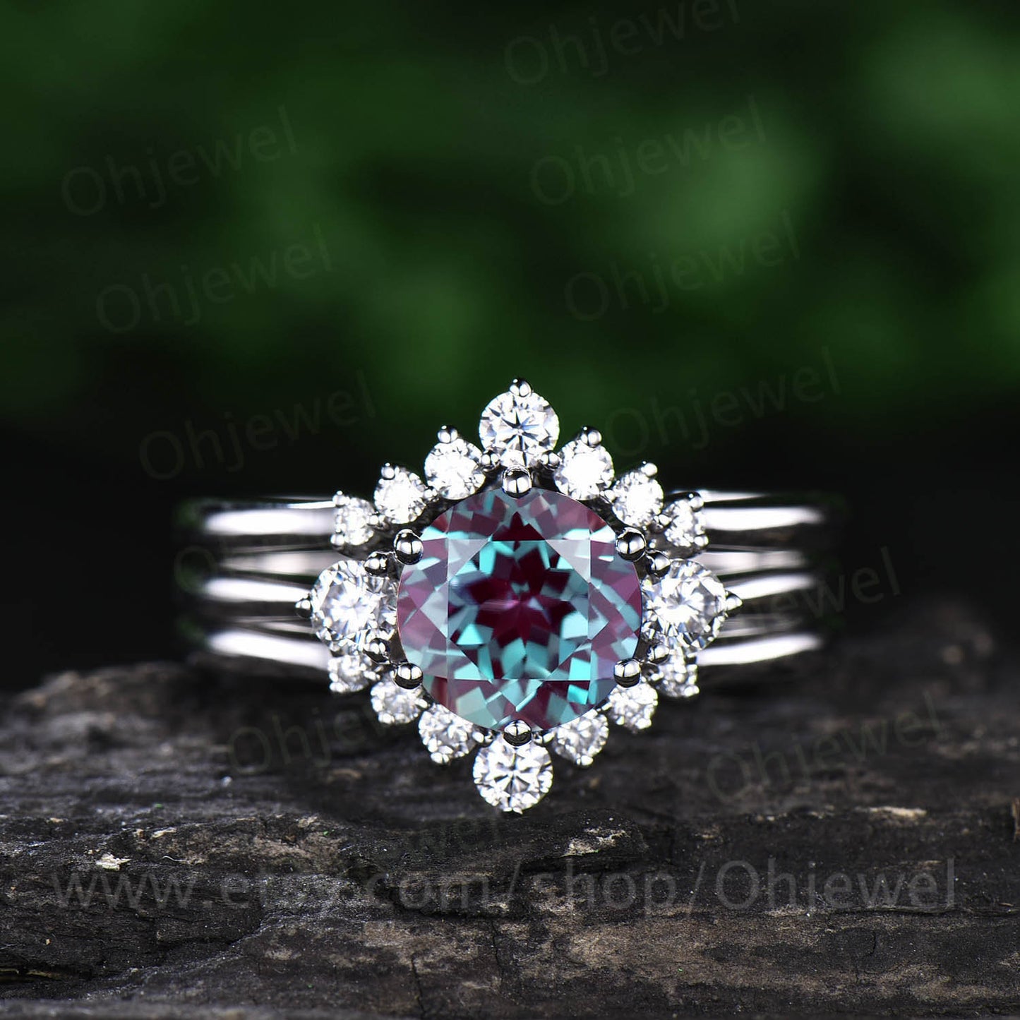 Three stone moissanite crown ring 3pcs color change alexandrite engagement ring set rose gold wedding bridal set anniversary gift jewelry