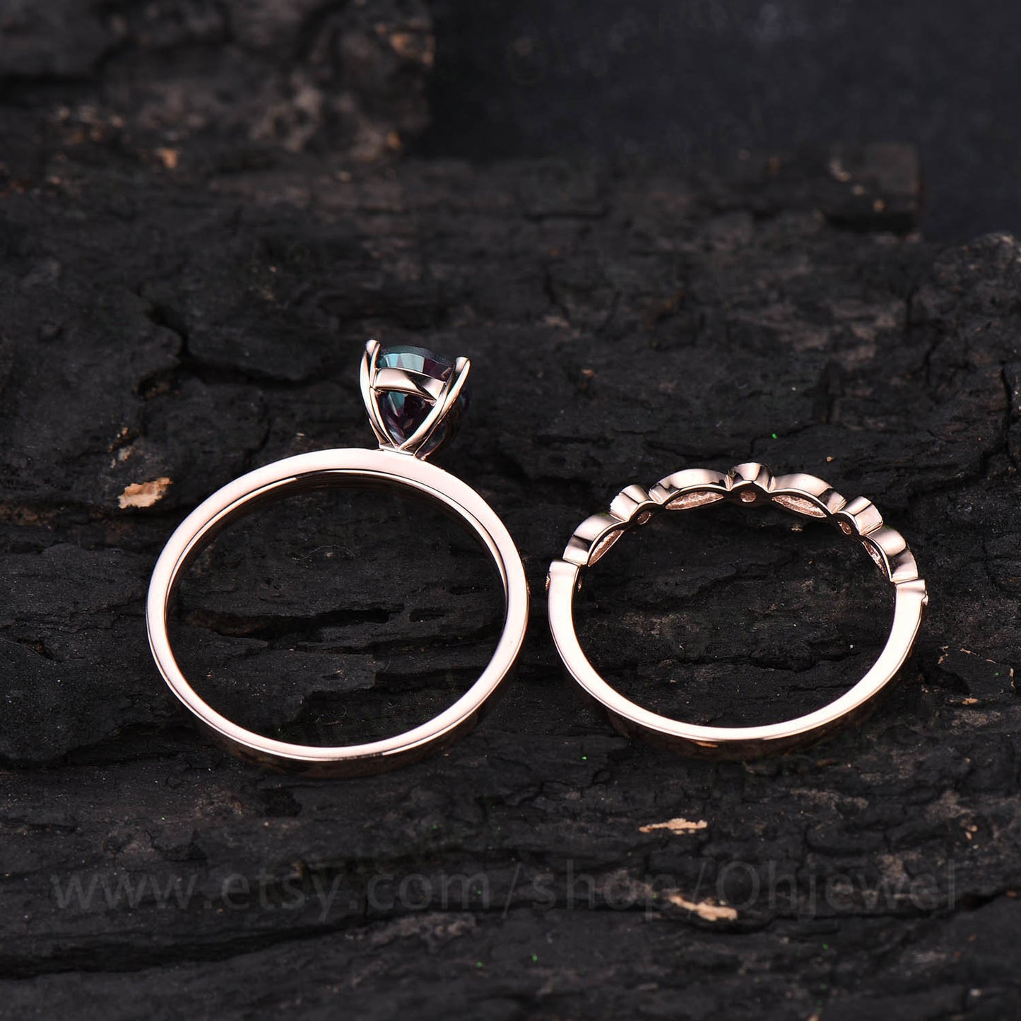 Solitaire ring 2pcs color change alexandrite engagement ring set rose gold alexandrite bridal ring set bridal birthday anniversary gift