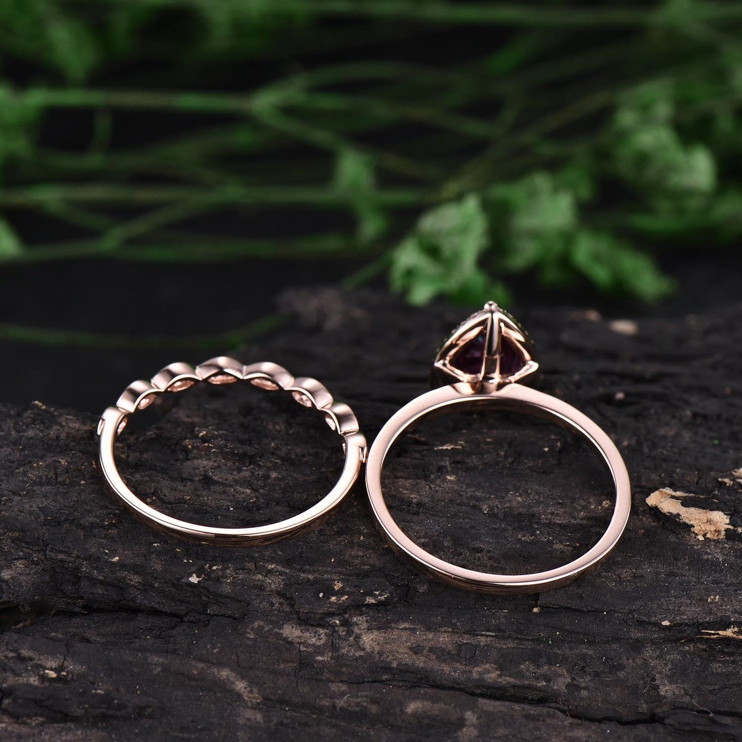 2pcs marquise diamond halo ring unique vintage engagement ring color change alexandrite engagement ring set rose gold wedding birthday gift