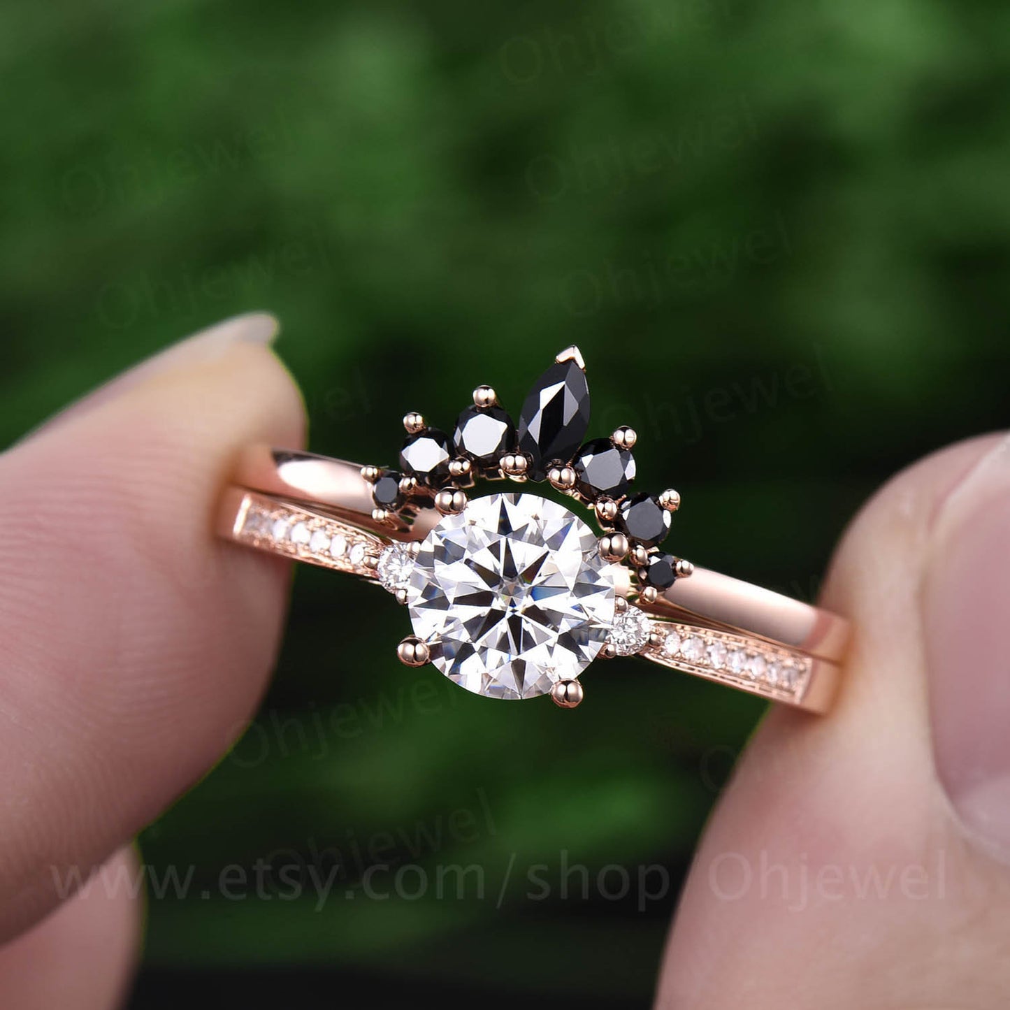 1ct Moissanite engagement ring set 2pcs Moissanite bridal set rose gold marquise crown black diamond wedding band anniversary gift jewelry