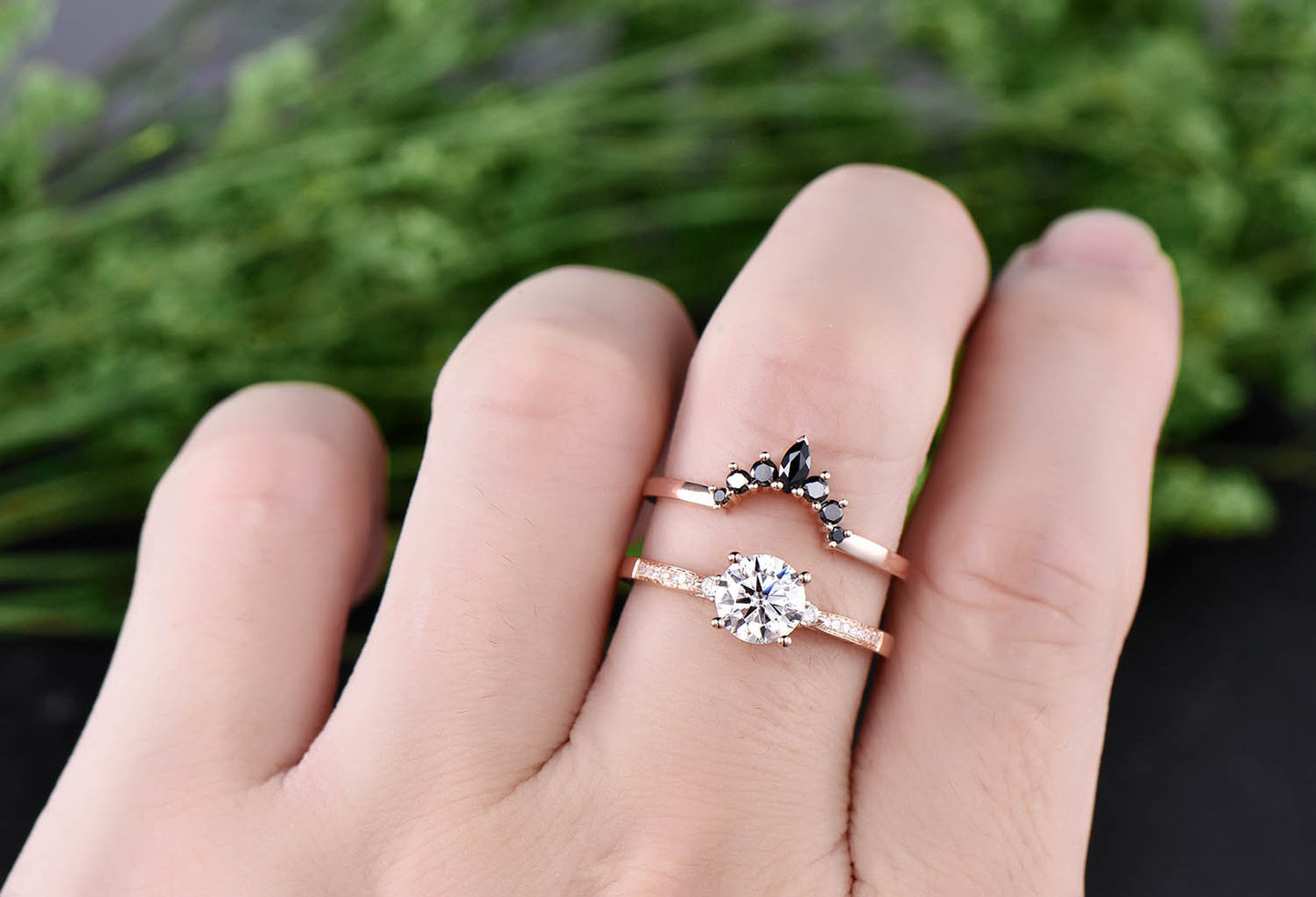 1ct Moissanite engagement ring set 2pcs Moissanite bridal set rose gold marquise crown black diamond wedding band anniversary gift jewelry