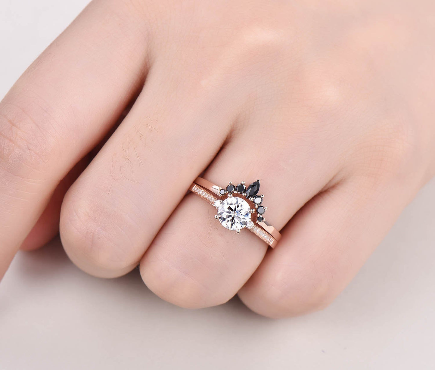 1ct Moissanite engagement ring set 2pcs Moissanite bridal set rose gold marquise crown black diamond wedding band anniversary gift jewelry