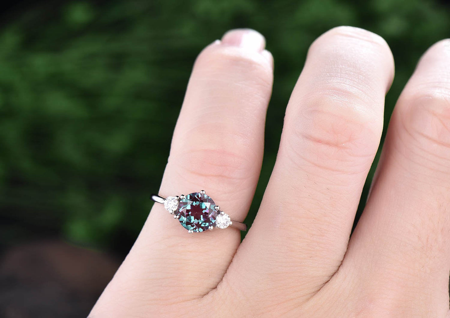 Three stone moissanite ring vintage alexandrite engagement ring white gold ring women June birthstone ring anniversary wedding ring gift