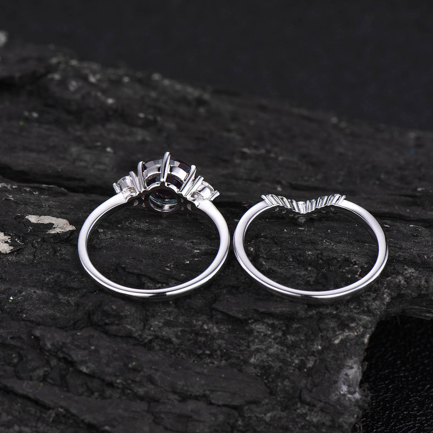 2pcs Three stone ring vintage unique moissanite engagement ring alexandrite bridal set round alexandrite engagement ring set white gold ring