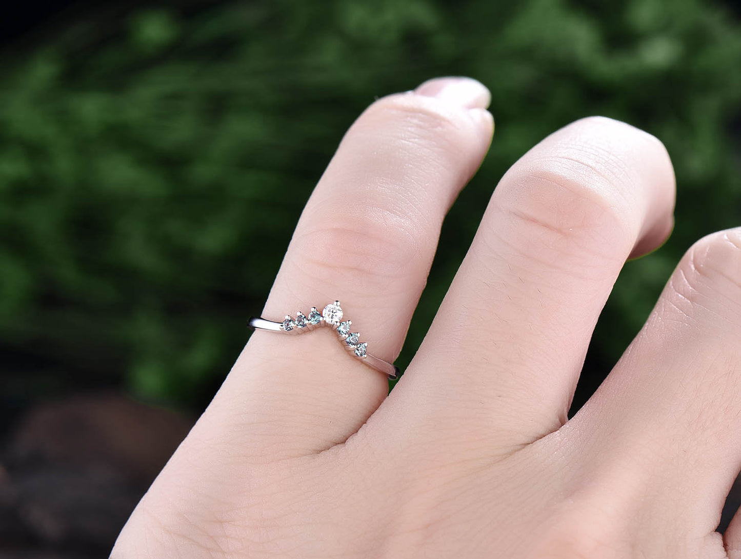 Curved V Alexandrite wedding band crown moissanite wedding ring matching stacking ring band rose gold jewelry anniversary birthday gift