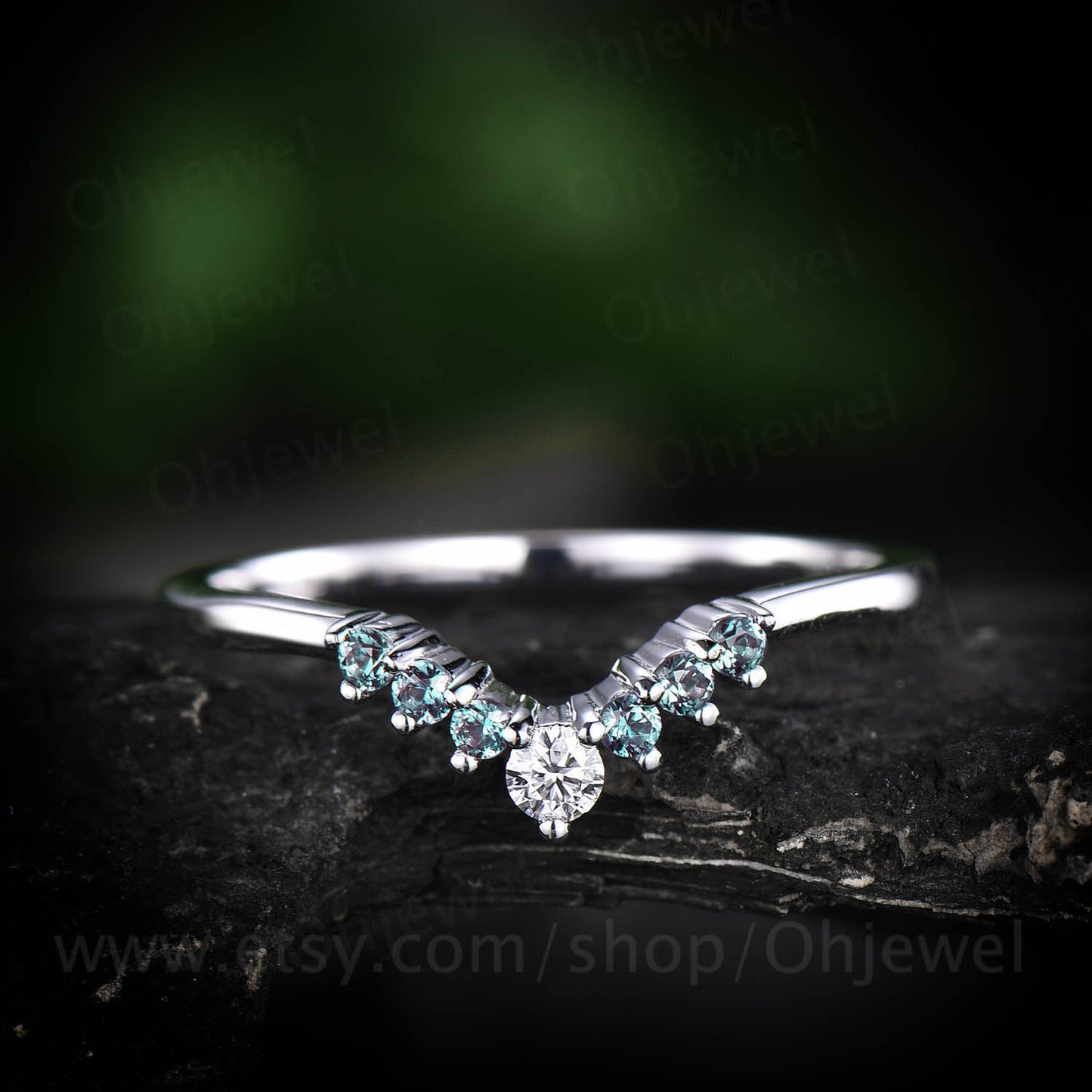 Curved V Alexandrite wedding band crown moissanite wedding ring matching stacking ring band rose gold jewelry anniversary birthday gift