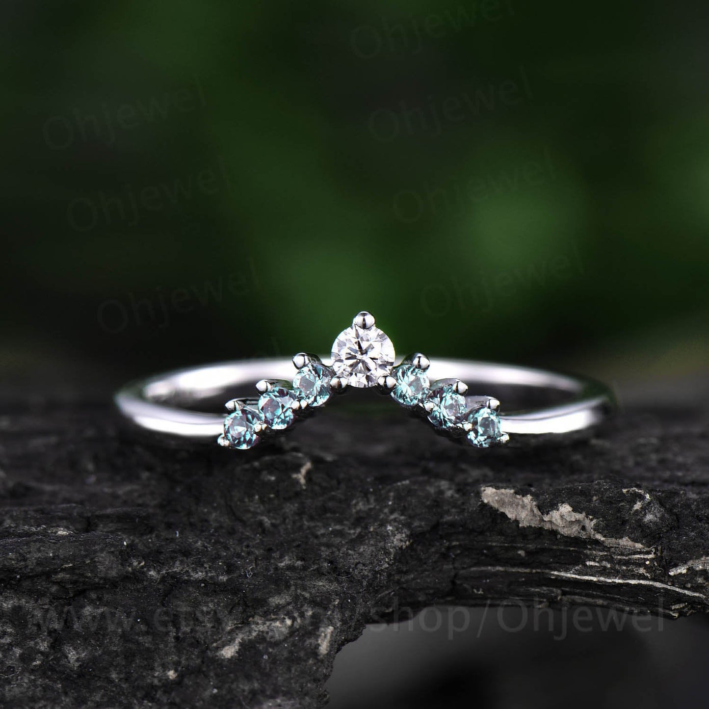 Curved V Alexandrite wedding band crown moissanite wedding ring matching stacking ring band rose gold jewelry anniversary birthday gift