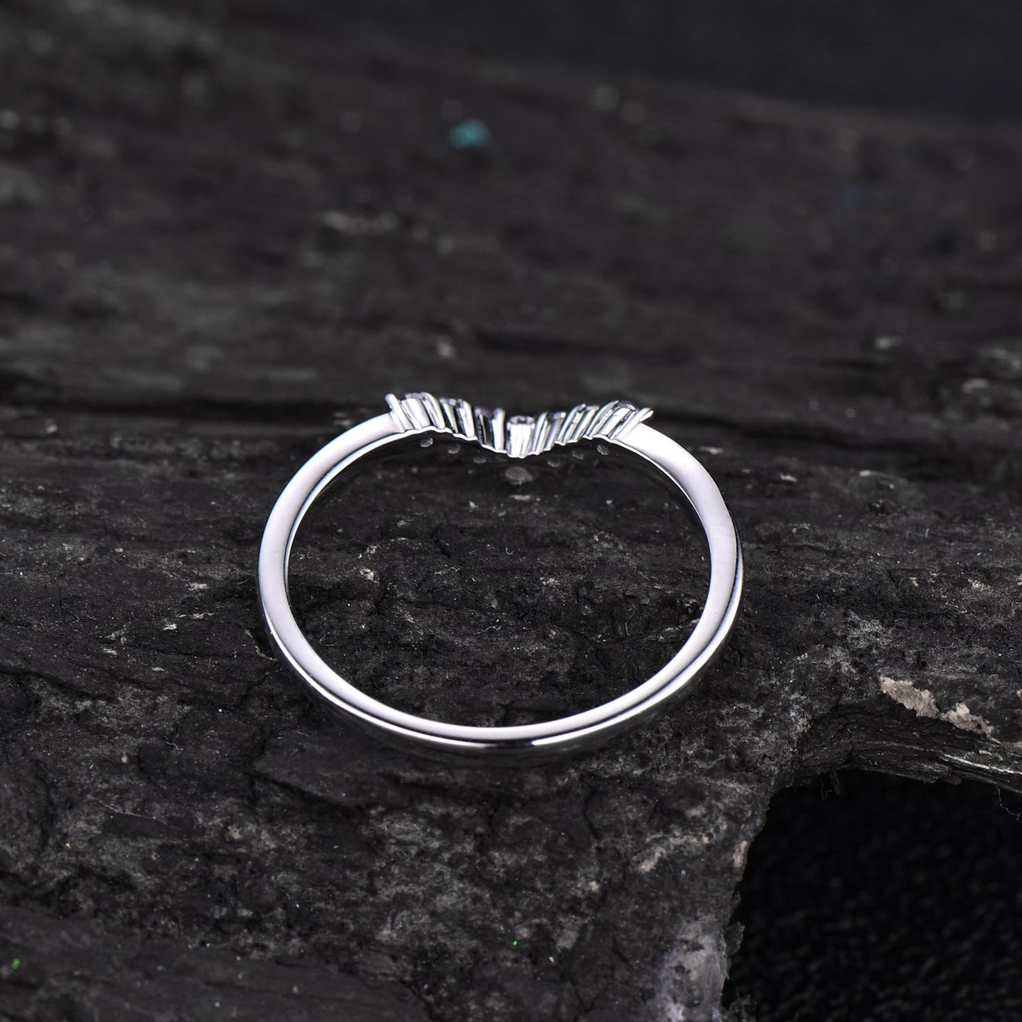 Curved V Alexandrite wedding band crown moissanite wedding ring matching stacking ring band rose gold jewelry anniversary birthday gift