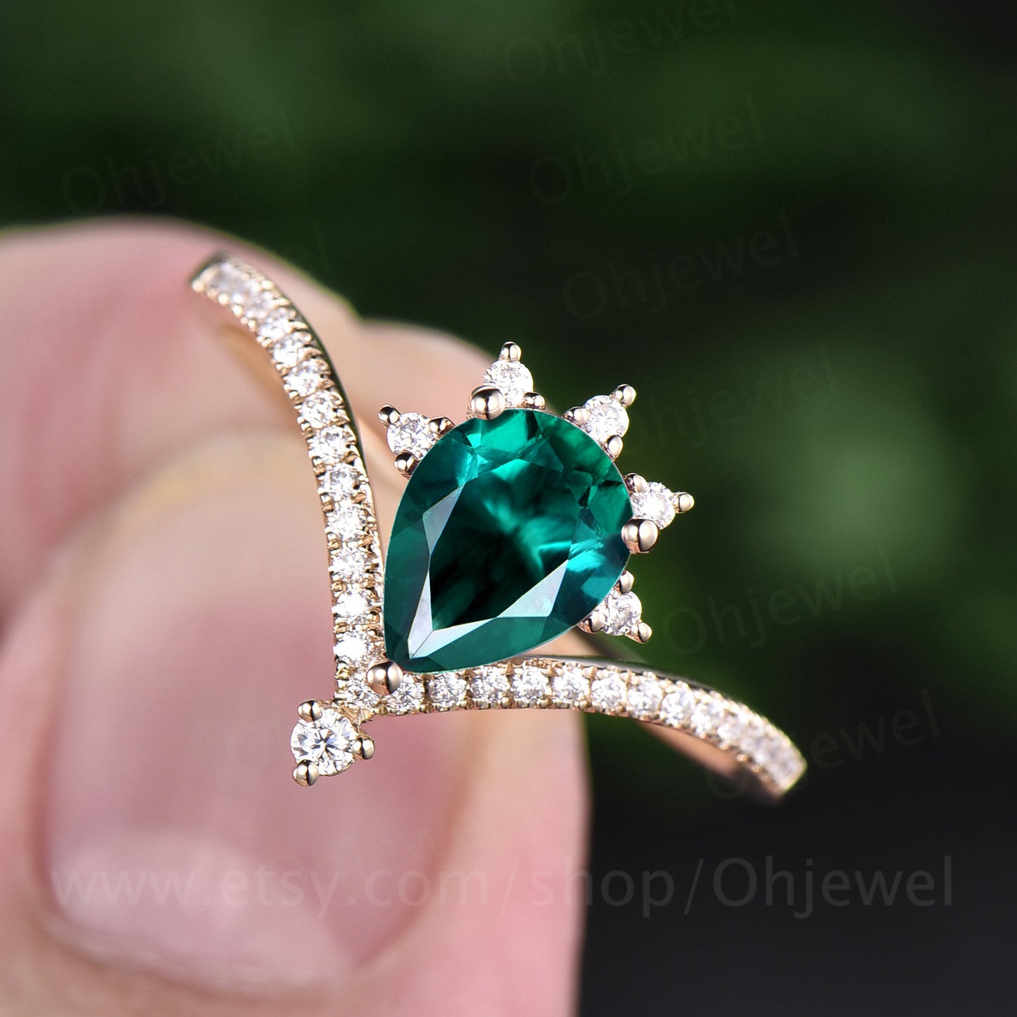 Antique vintage pear emerald engagement ring 14k yellow gold May birthstone moissanite ring anniversary wedding gift unique design ring band