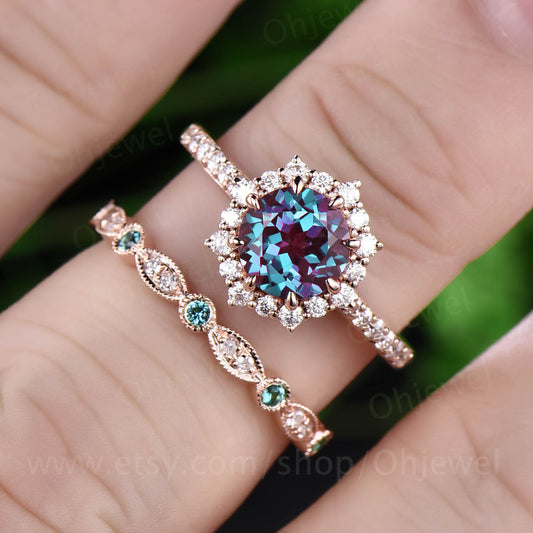 Only 1pc rose gold alexandrite diamond wedding band jewelry matching band