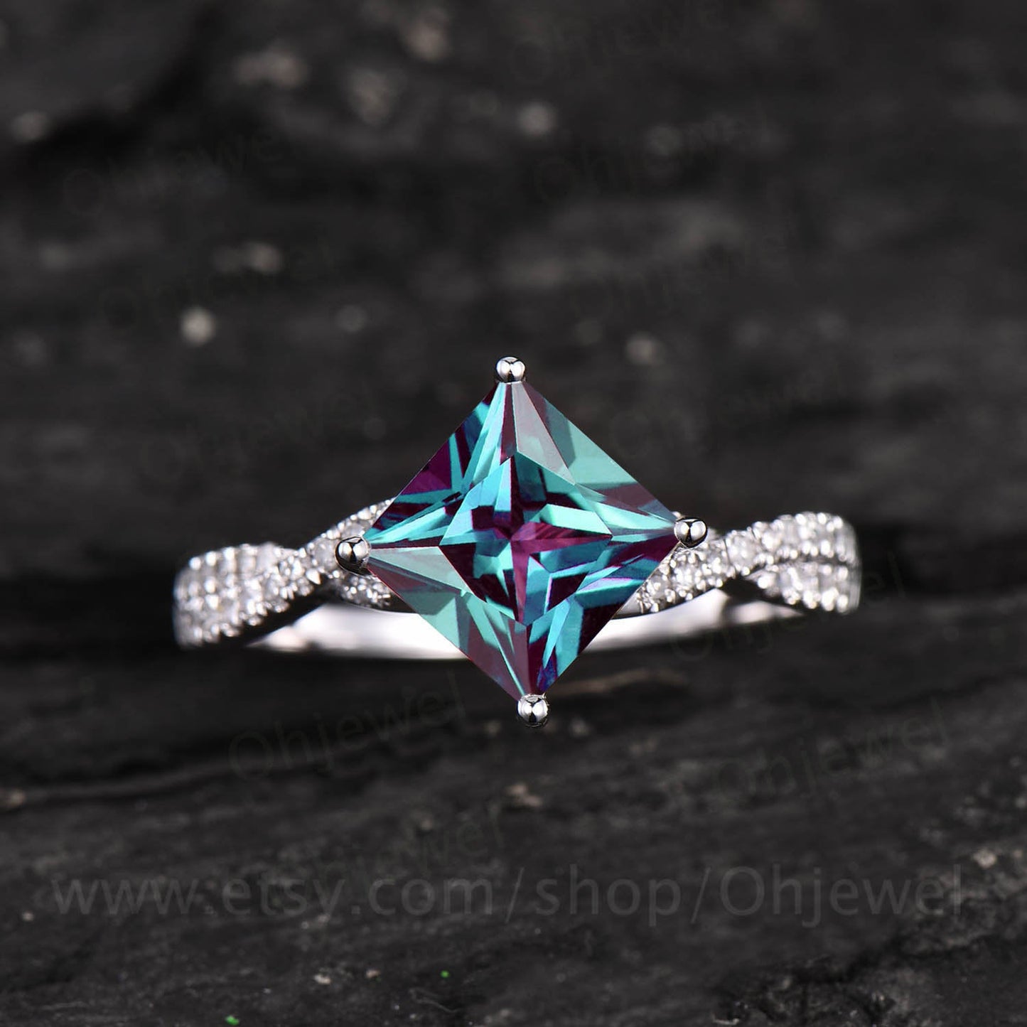 7mm Princess cut Alexandrite ring color change Alexandrite engagement ring rose gold unique twisted moissanite ring wedding anniversary gift