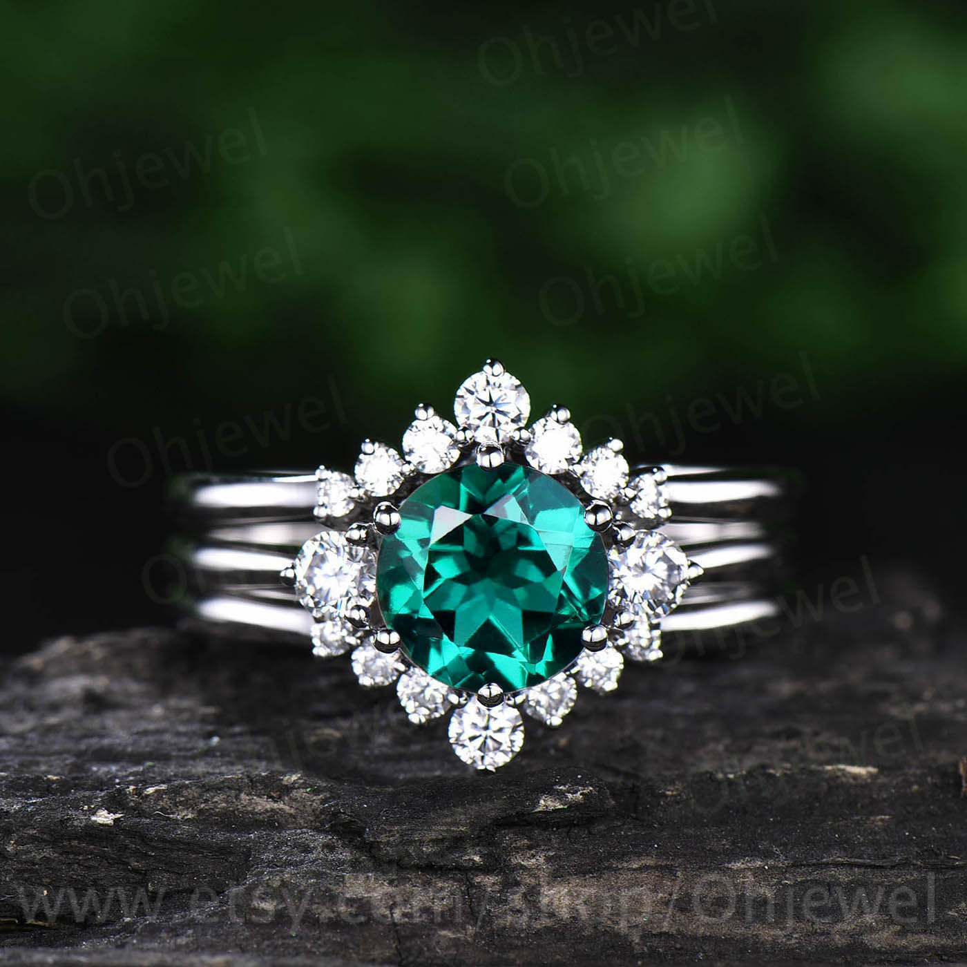 Three stone moissanite crown curved ring unique vintage 3pcs emerald engagement ring set rose gold wedding bridal ring set anniversary gift
