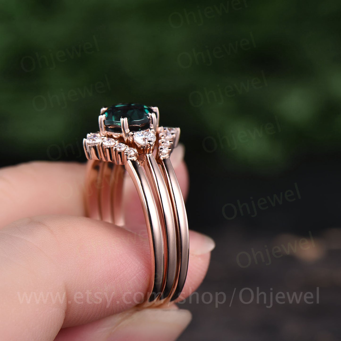 Three stone moissanite crown curved ring unique vintage 3pcs emerald engagement ring set rose gold wedding bridal ring set anniversary gift