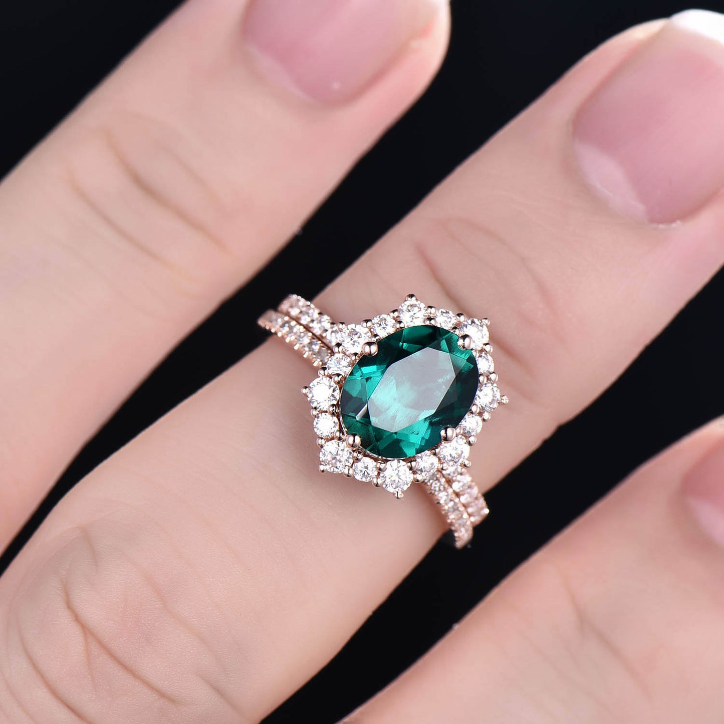 1.6ct oval cut emerald ring set vintage unique engagement ring 2pcs emerald engagement ring rose gold halo moissanite ring diamond band