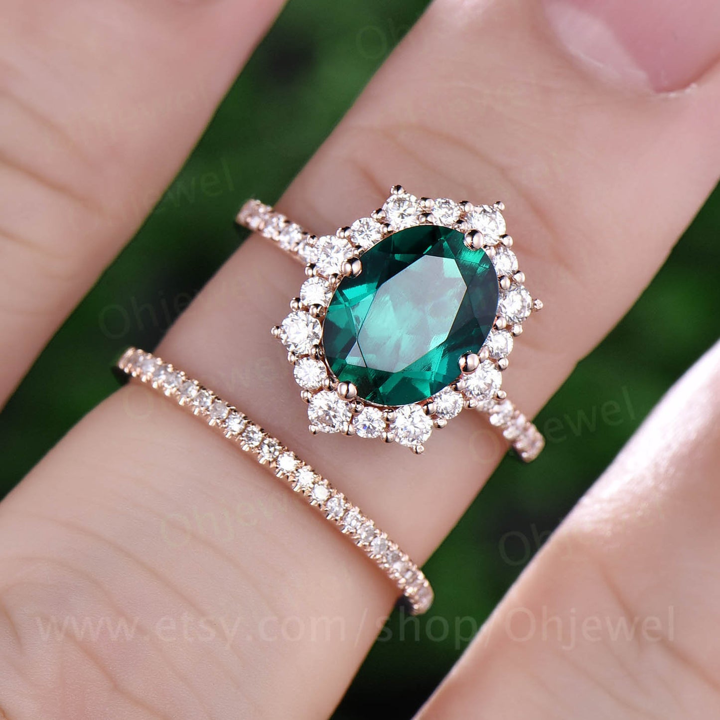 1.6ct oval cut emerald ring set vintage unique engagement ring 2pcs emerald engagement ring rose gold halo moissanite ring diamond band