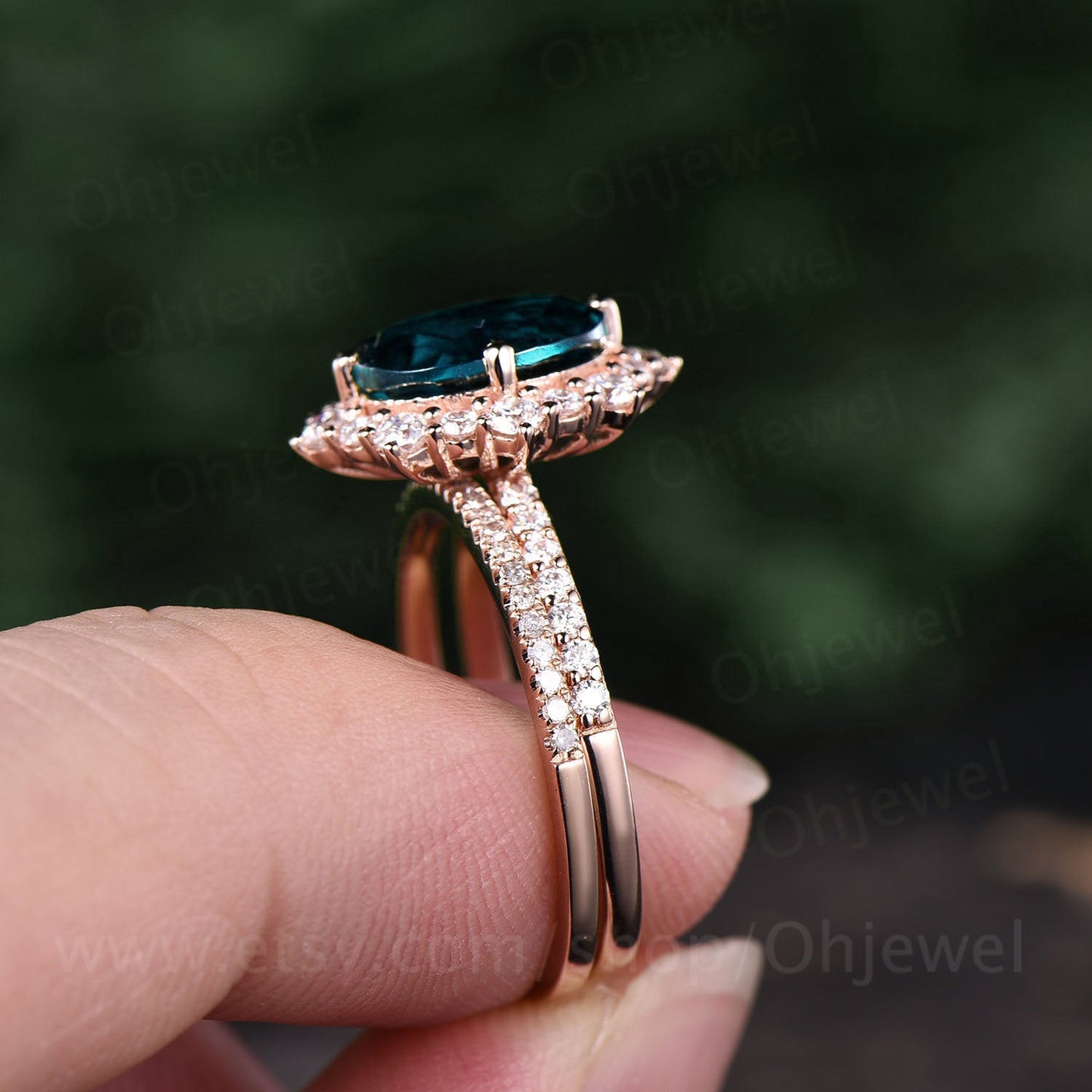 1.6ct oval cut alexandrite ring vintage unique engagement ring 2pcs alexandrite engagement ring rose gold halo moissanite ring diamond band