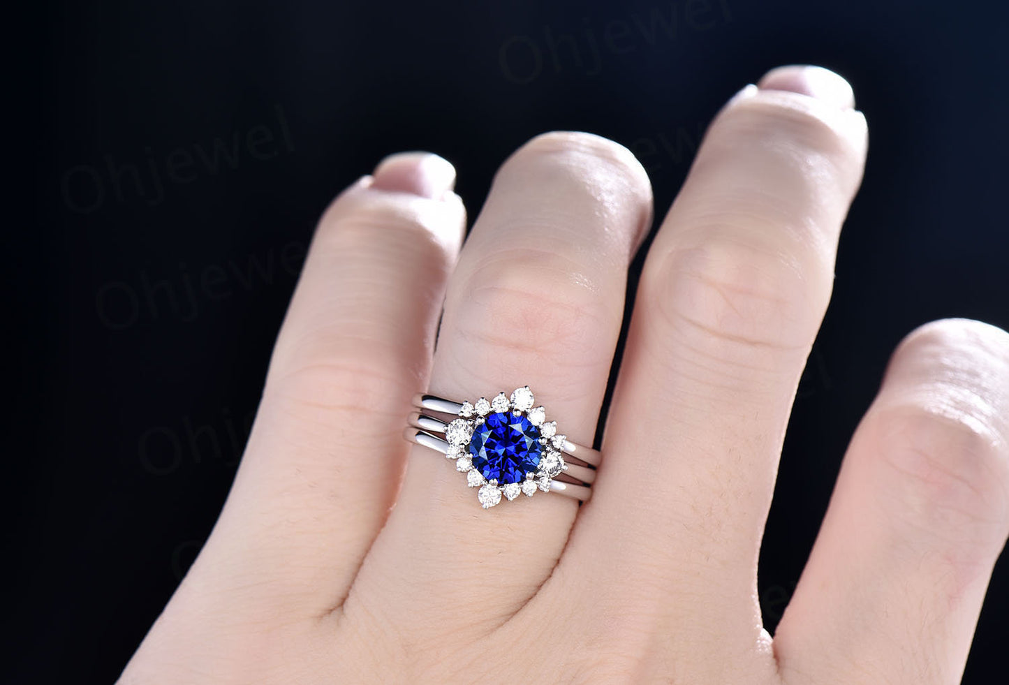 3pcs sapphire engagement ring set white rose gold sapphire bridal set moissanite halo vintage unique engagement September birthstone ring