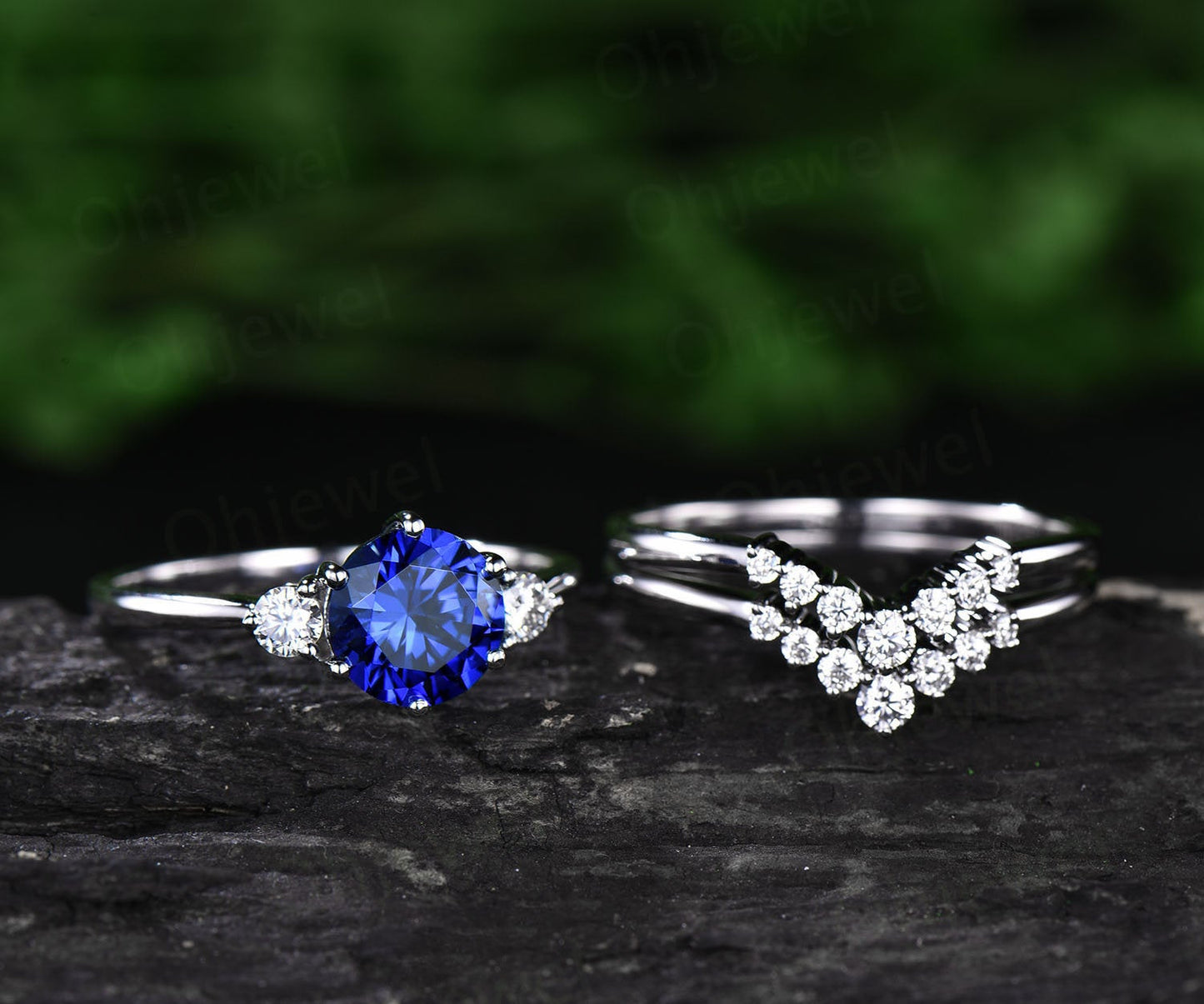3pcs sapphire engagement ring set white rose gold sapphire bridal set moissanite halo vintage unique engagement September birthstone ring