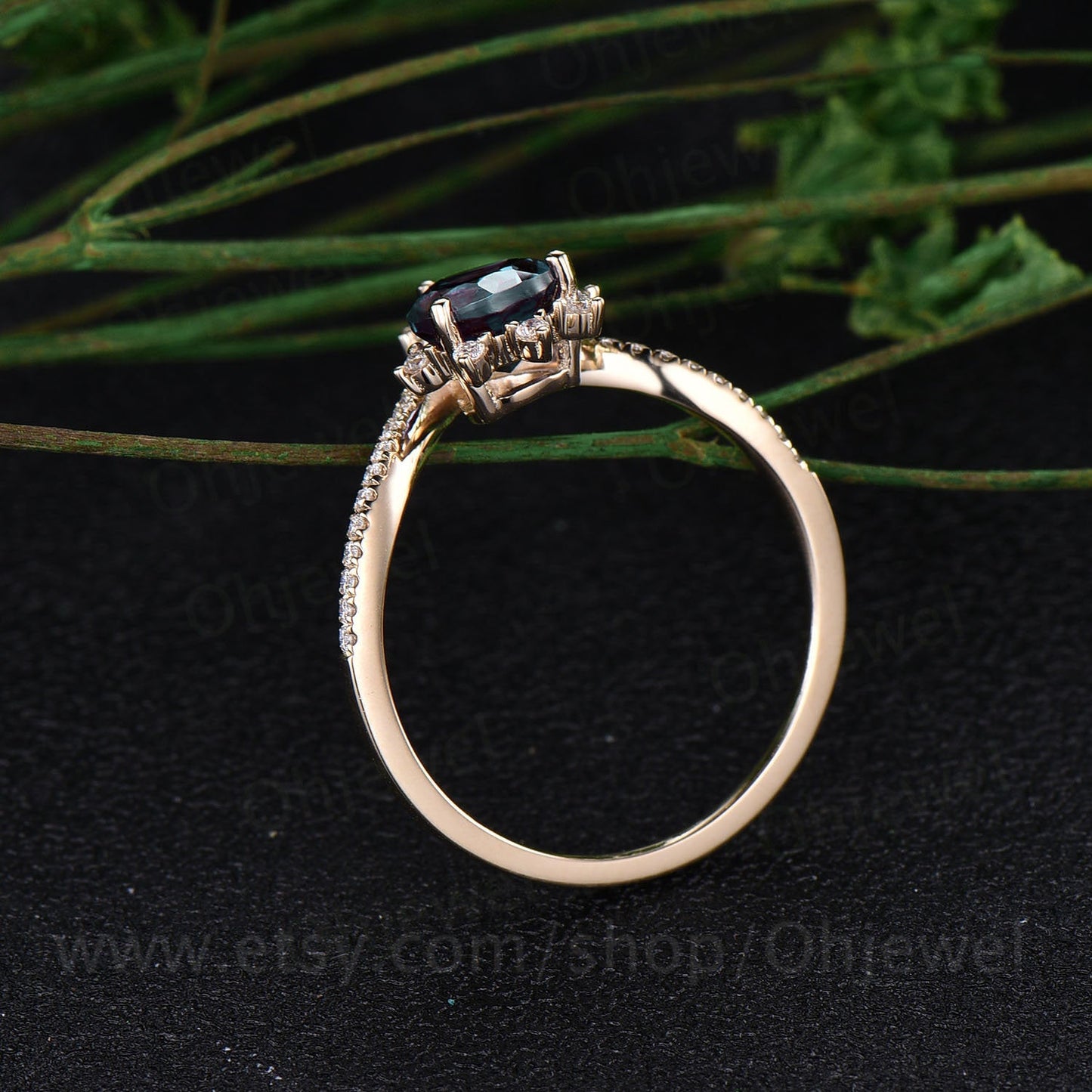 Antique vintage unique engagement ring pear color change alexandrite engagement ring 14k yellow rose gold June birthstone moissanite ring