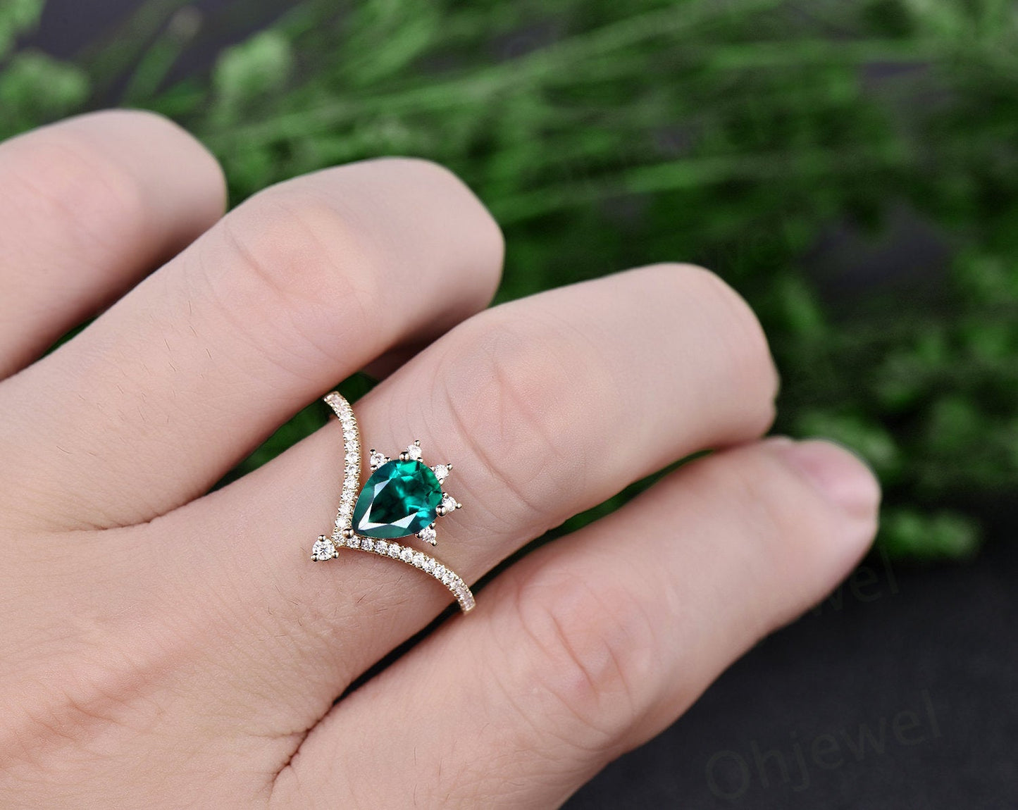 Antique vintage pear emerald engagement ring 14k yellow gold May birthstone moissanite ring anniversary wedding gift unique design ring band