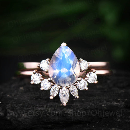 Vintage unique three stone engagement ring 2pc moonstone engagement ring set 14k 18k rose gold marquise moissanite ring June birthstone ring