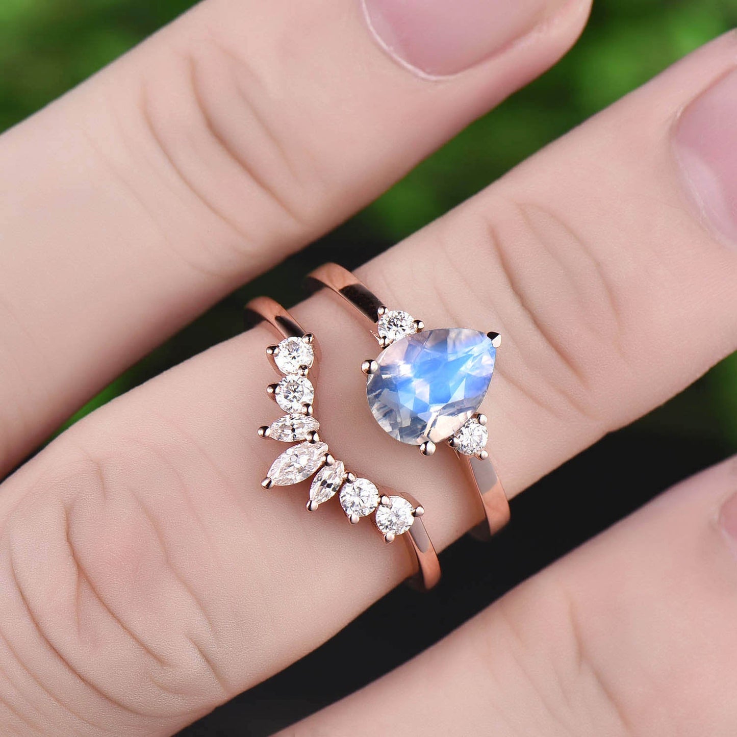 Vintage unique three stone engagement ring 2pc moonstone engagement ring set 14k 18k rose gold marquise moissanite ring June birthstone ring