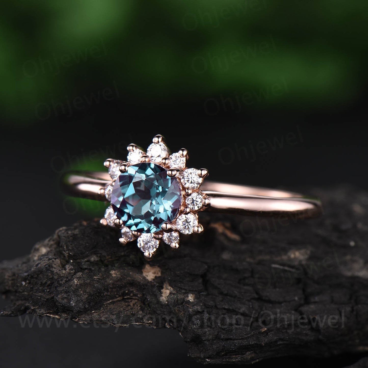 Sunflower cluster halo moissanite ring color change alexandrite engagement ring rose gold June birthstone ring unique antique jewelry gift
