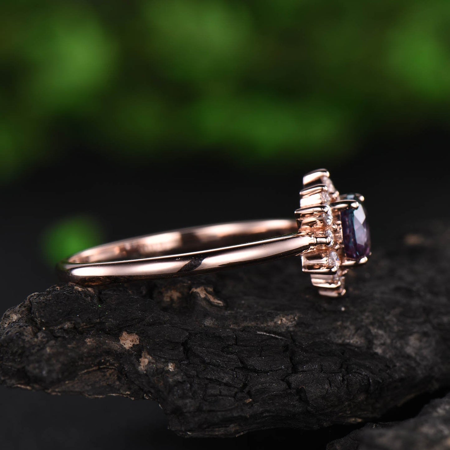 Sunflower cluster halo moissanite ring color change alexandrite engagement ring rose gold June birthstone ring unique antique jewelry gift