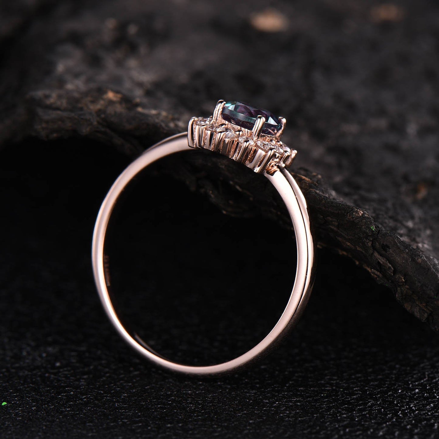Sunflower cluster halo moissanite ring color change alexandrite engagement ring rose gold June birthstone ring unique antique jewelry gift