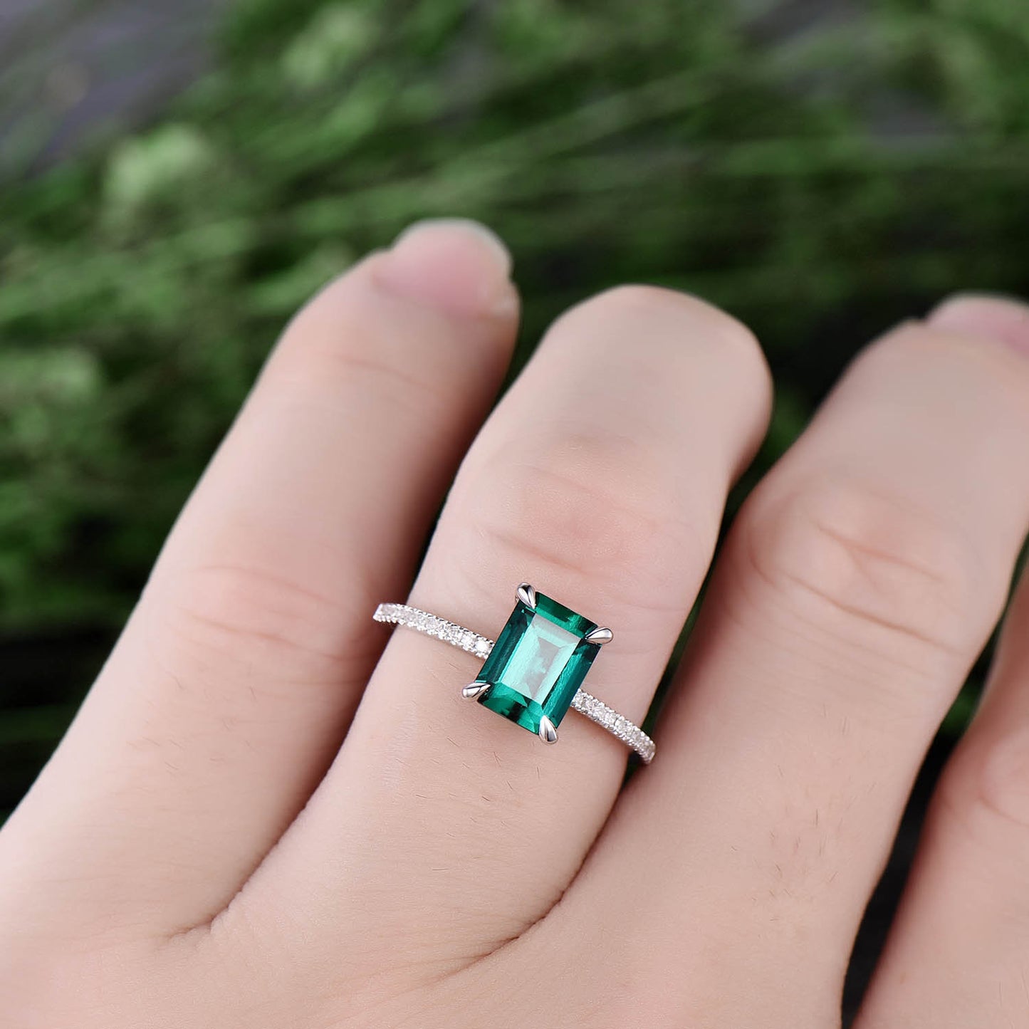 Emerald cut emerald ring for women vintage emerald engagement ring rose gold unique bridal ring half eternity diamond ring anniversary gift