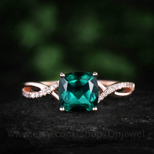 1.5ct cushion emerald engagement ring rose gold 14K/18K emerald ring vintage real diamond ring may birthstone promise wedding bridal ring
