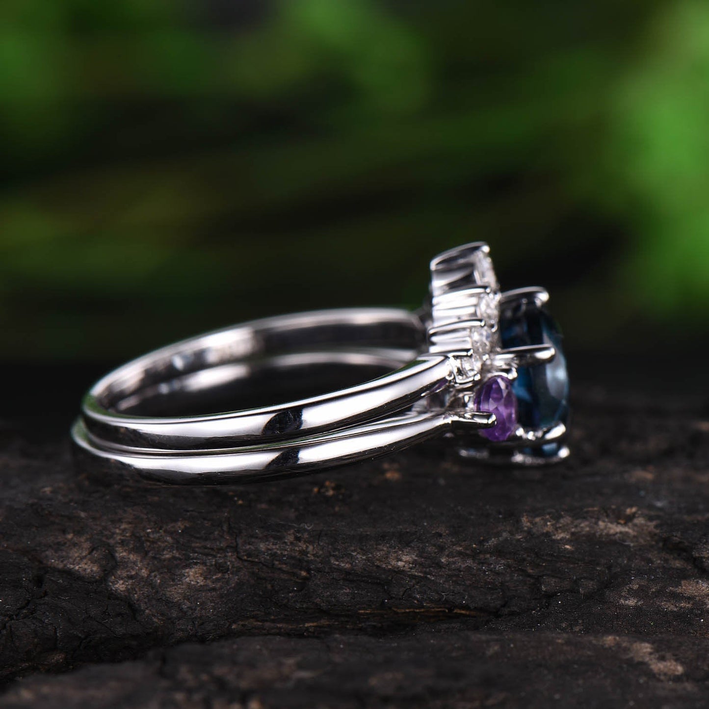 Vintage amethyst ring gold Three stone ring 2pc London blue topaz engagement ring set white gold 14K/18K moissanite November birthstone ring