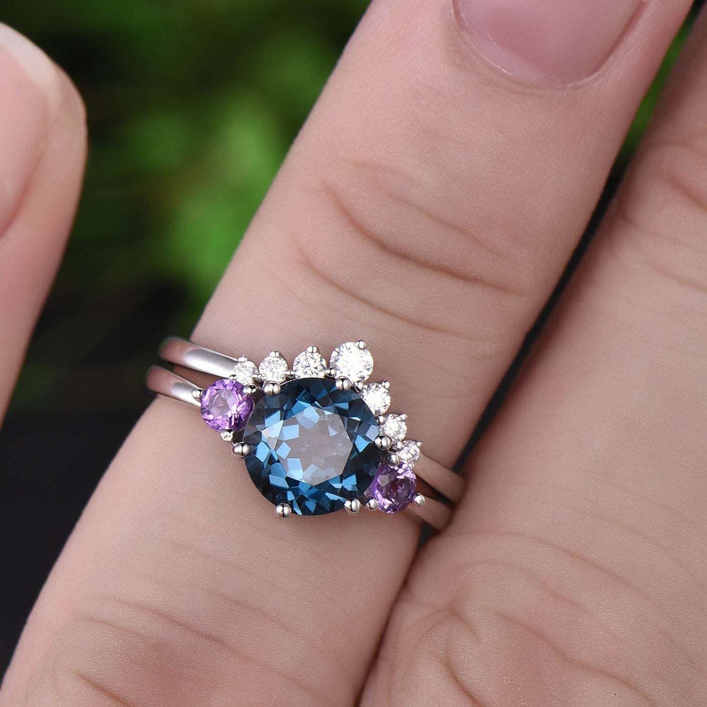 Vintage amethyst ring gold Three stone ring 2pc London blue topaz engagement ring set white gold 14K/18K moissanite November birthstone ring