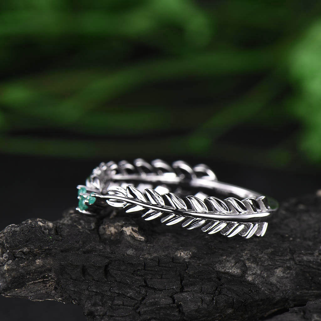 Vintage natural emerald ring gold unique emerald ring white gold feather Leaves ring wedding bridal ring gift jewelry May birthstone ring