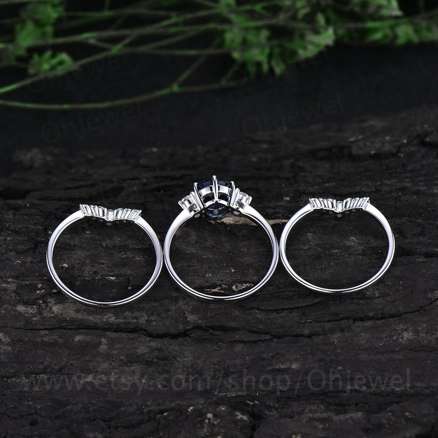 3pcs sapphire engagement ring set white rose gold sapphire bridal set moissanite halo vintage unique engagement September birthstone ring