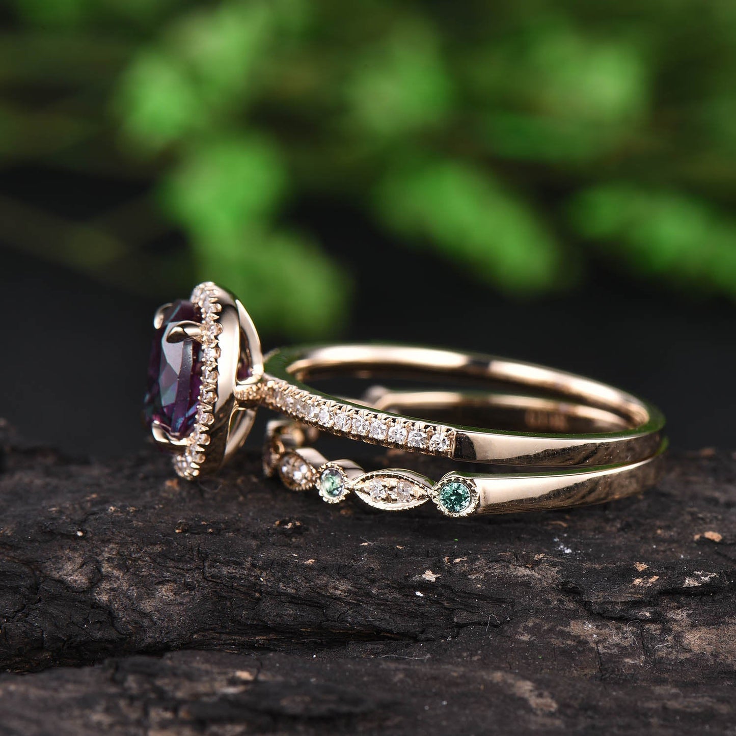 2pcs alexandrite bridal set unique vintage halo color change oval alexandrite engagement ring set yellow gold matching diamond wedding band