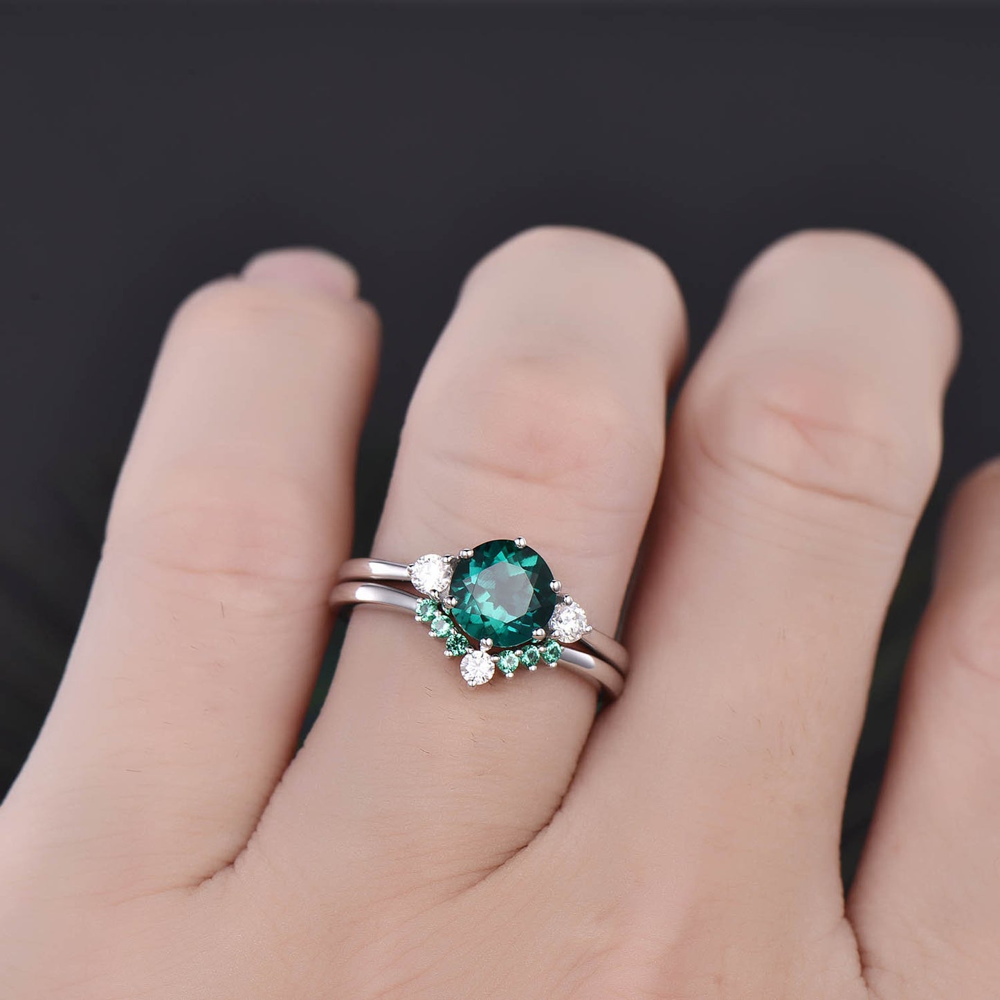 Three stone engagement ring emerald engagement ring set rose gold May birthstone ring moissanite natural emerald wedding band bridal set