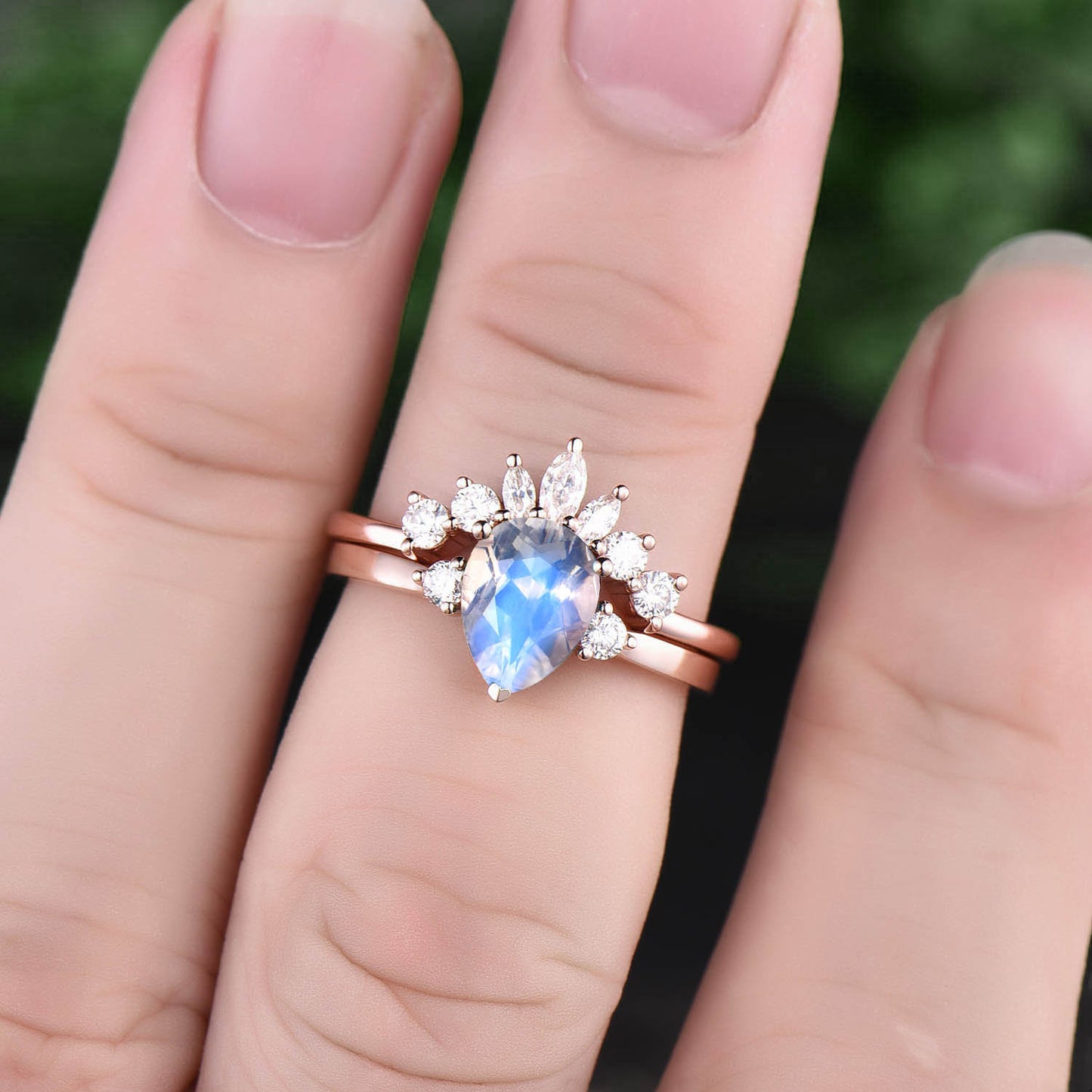 Vintage unique three stone engagement ring 2pc moonstone engagement ring set 14k 18k rose gold marquise moissanite ring June birthstone ring