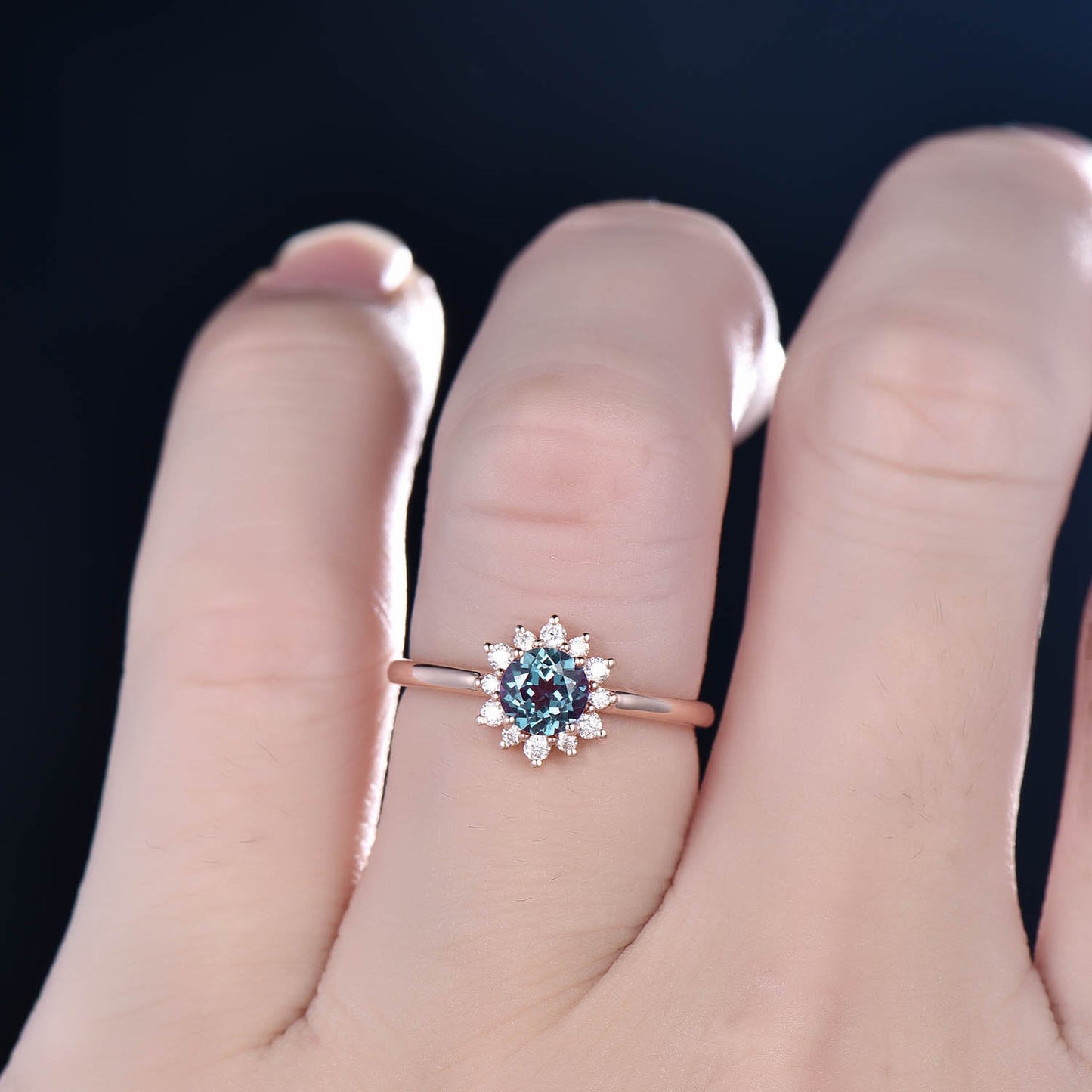Sunflower cluster halo moissanite ring color change alexandrite engagement ring rose gold June birthstone ring unique antique jewelry gift