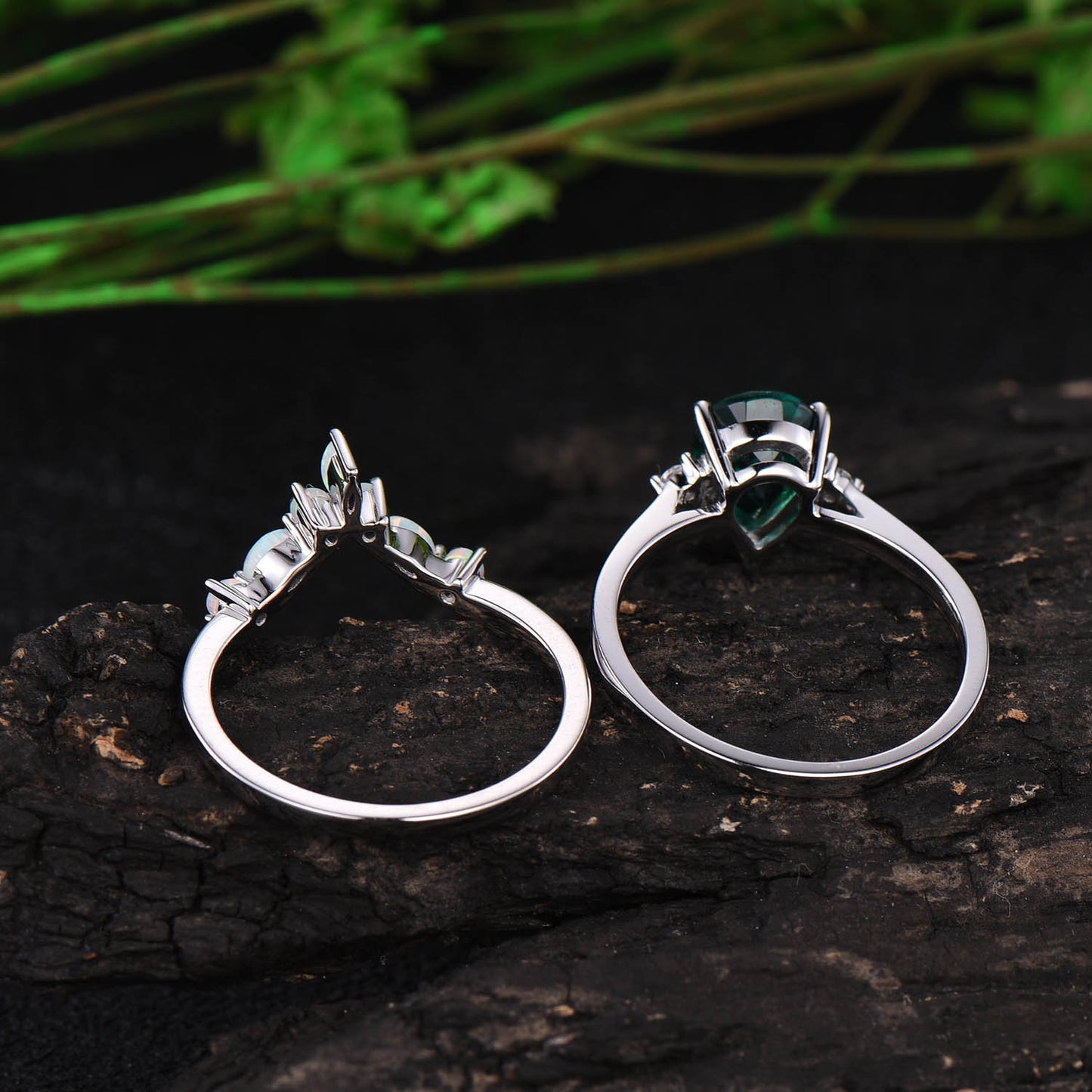 Opal ring curved opal wedding band 2pcs emerald engagement ring set white gold vintage unique ring stacking matching ring custom jewelry