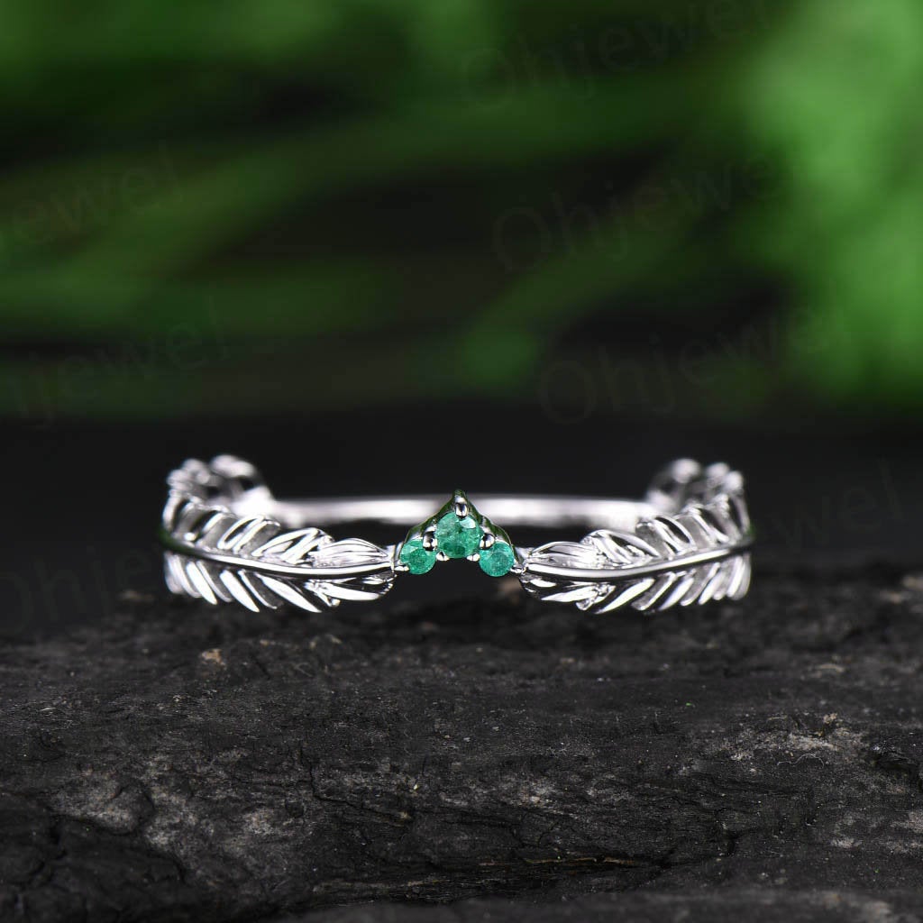 Vintage natural emerald ring gold unique emerald ring white gold feather Leaves ring wedding bridal ring gift jewelry May birthstone ring